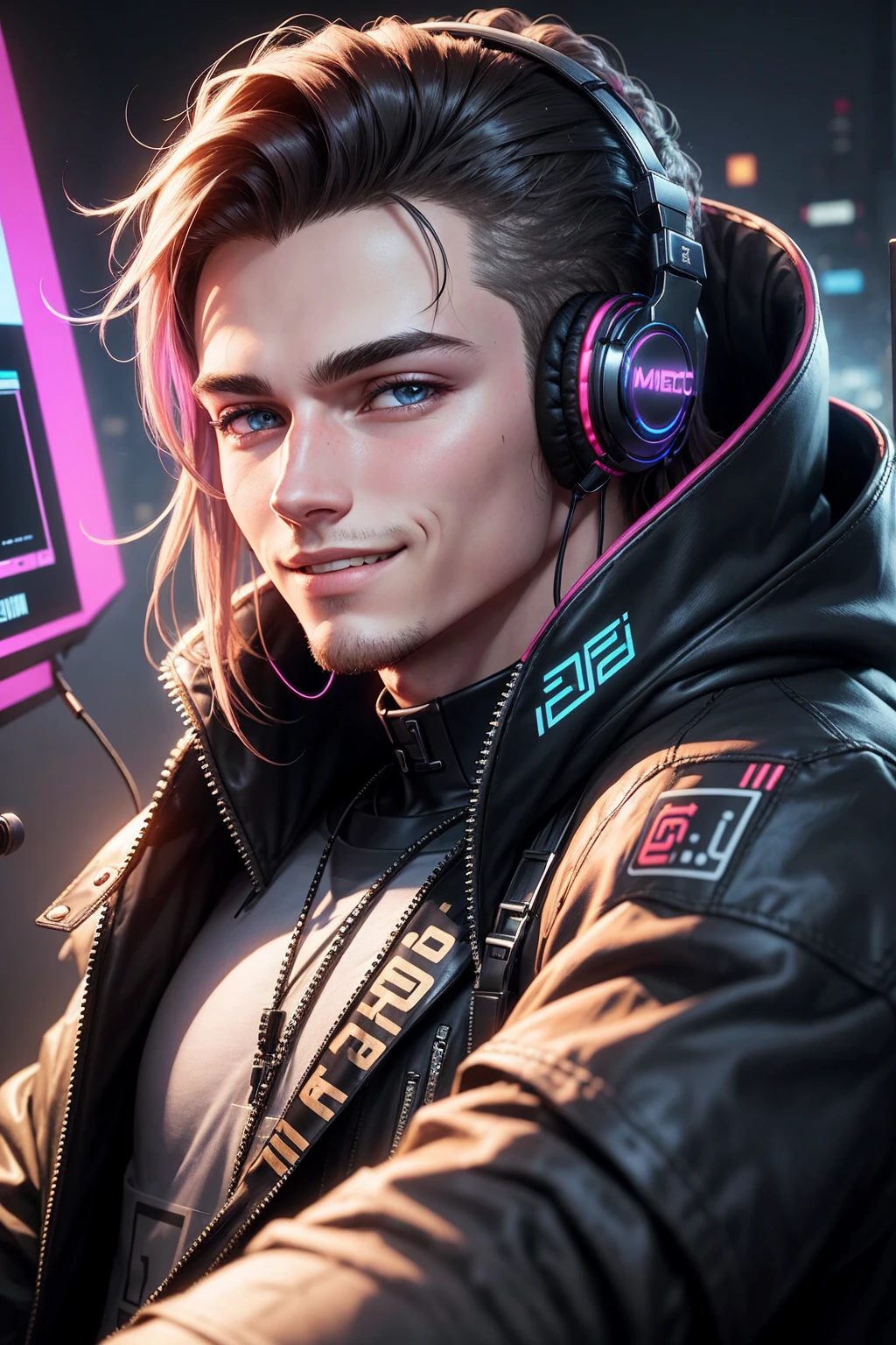 Generate an a 21 year old man in front of computer with headphones , realistic ultra realistic face with cyberpunk background, smirking smile
