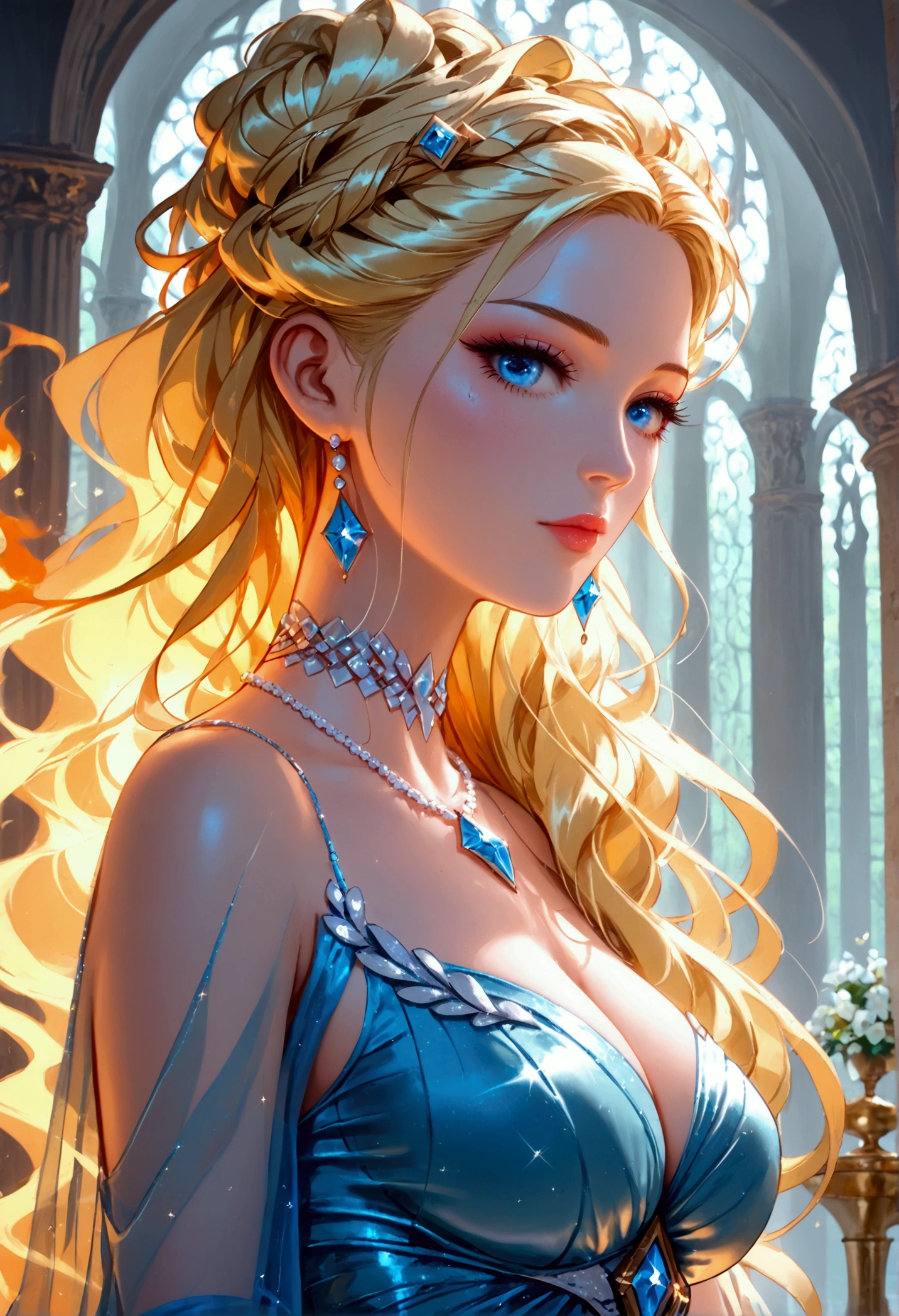 a glamour picture shot, of an elite model covered in fire walking on a icy catwalk, an extraordinary glamourous elite female model, ((full body: 1.5)),  ((anatomically correct: 1.5), (ultra detailed face: 1.2), best detailed face, blond hair, long hair, lush hair, glam hair cut, blue eyes, delicate face, light make up, wearing intricate detailed dress, glamour dress, haute couture dress, elite fashion dress, FireMagicAI,  small cleavage, busty wearing high heels, elegant high heels, she wears diamond necklace, she is covered in fire, she walks on an icy catwalk, image reflecting in the ice IceMagicAI, elite fashion show background, vibrant, Hyperrealism style, vibrant, Ultra-high resolution, High Contrast, (masterpiece:1.5), highest quality, Best aesthetics), best details, best quality, highres, ultra wide angle, 16k, [ultra detailed], masterpiece, best quality, (extremely detailed) RAW, FireMagicAI, IceMagicAI, Dark Art Painting Style