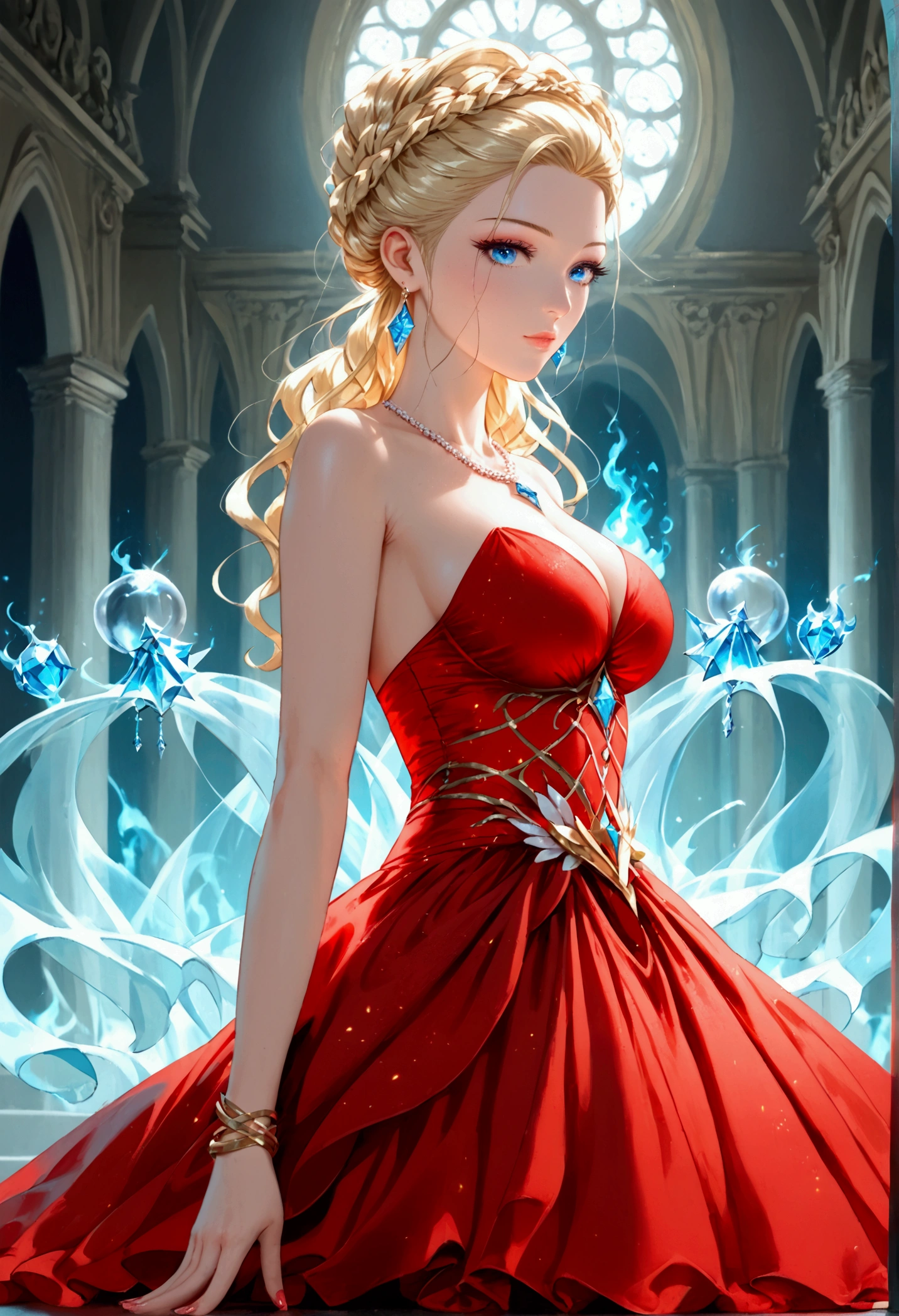 a glamour picture shot, of an elite model covered in fire walking on a icy catwalk, an extraordinary glamourous elite female model, ((full body: 1.5)),  ((anatomically correct: 1.5), (ultra detailed face: 1.2), best detailed face, blond hair, long hair, lush hair, glam hair cut, blue eyes, delicate face, light make up, wearing intricate detailed dress, glamour dress, haute couture dress, elite fashion dress, FireMagicAI,  small cleavage, busty wearing high heels, elegant high heels, she wears diamond necklace, she is covered in fire, she walks on an icy catwalk, image reflecting in the ice IceMagicAI, elite fashion show background, vibrant, Hyperrealism style, vibrant, Ultra-high resolution, High Contrast, (masterpiece:1.5), highest quality, Best aesthetics), best details, best quality, highres, ultra wide angle, 16k, [ultra detailed], masterpiece, best quality, (extremely detailed) RAW, FireMagicAI, IceMagicAI, Dark Art Painting Style