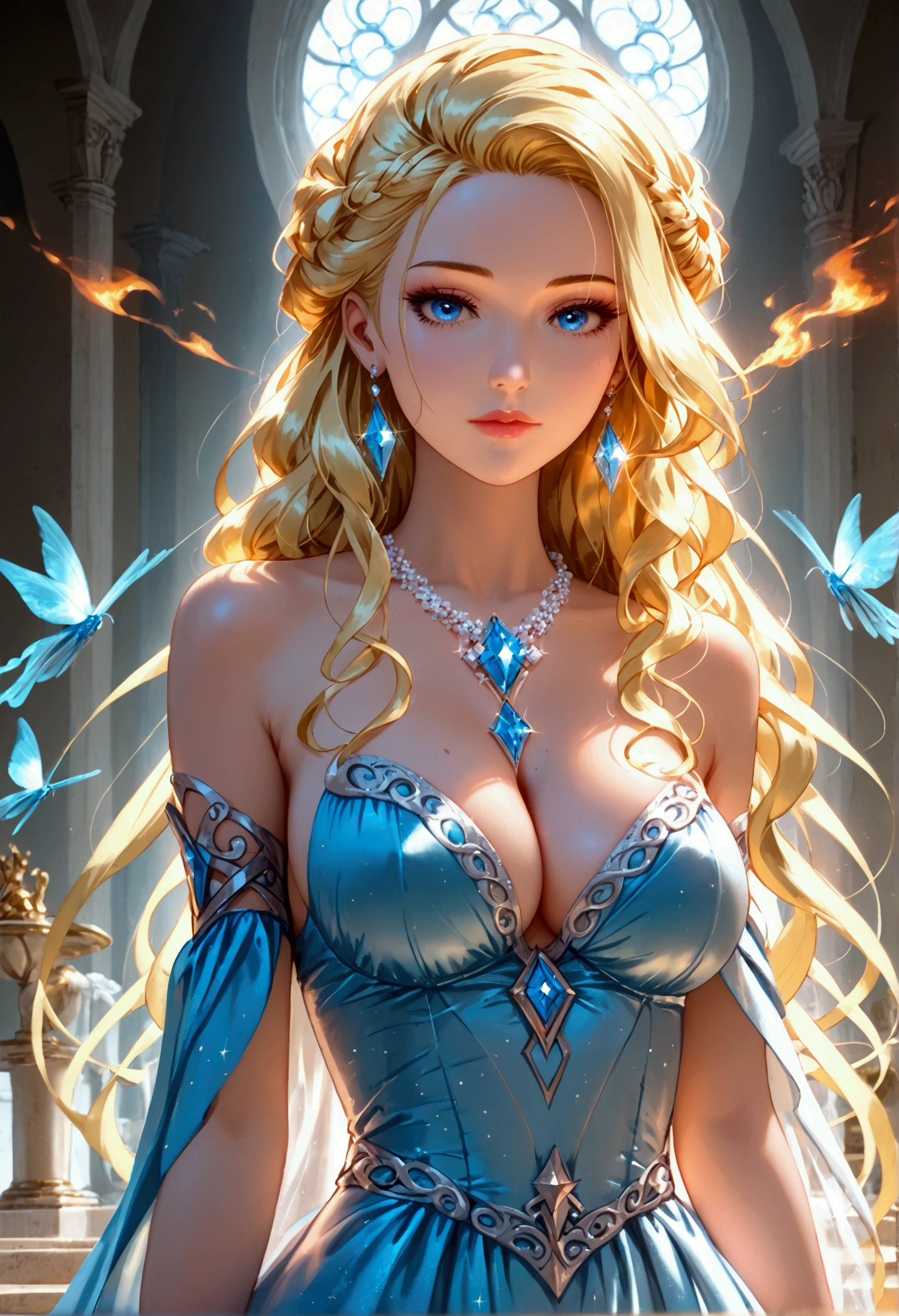 a glamour picture shot, of an elite model covered in fire walking on a icy catwalk, an extraordinary glamourous elite female model, ((full body: 1.5)),  ((anatomically correct: 1.5), (ultra detailed face: 1.2), best detailed face, blond hair, long hair, lush hair, glam hair cut, blue eyes, delicate face, light make up, wearing intricate detailed dress, glamour dress, haute couture dress, elite fashion dress, FireMagicAI,  small cleavage, busty wearing high heels, elegant high heels, she wears diamond necklace, she is covered in fire, she walks on an icy catwalk, image reflecting in the ice IceMagicAI, elite fashion show background, vibrant, Hyperrealism style, vibrant, Ultra-high resolution, High Contrast, (masterpiece:1.5), highest quality, Best aesthetics), best details, best quality, highres, ultra wide angle, 16k, [ultra detailed], masterpiece, best quality, (extremely detailed) RAW, FireMagicAI, IceMagicAI, Dark Art Painting Style