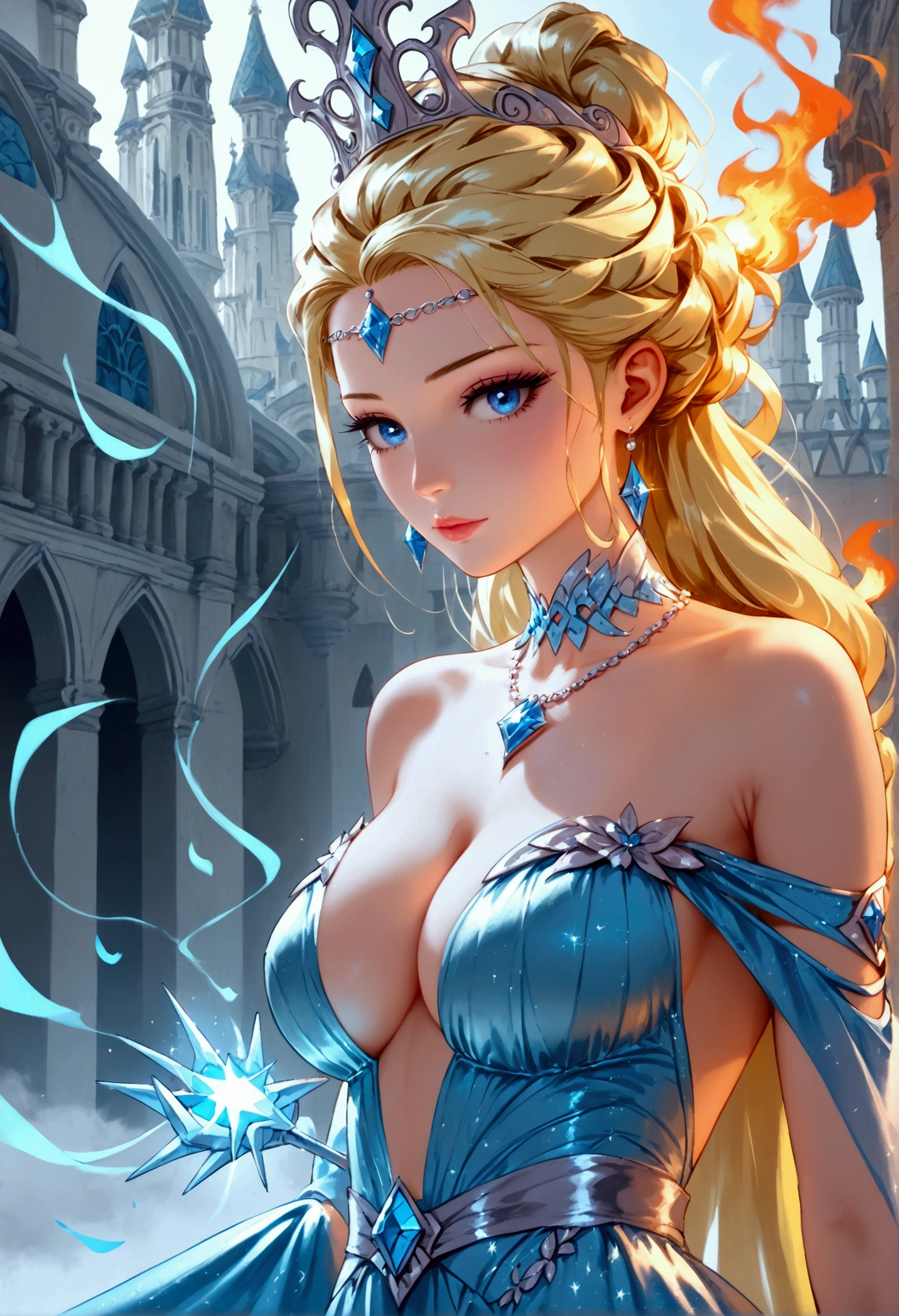 a glamour picture shot, of an elite model covered in fire walking on a icy catwalk, an extraordinary glamourous elite female model, ((full body: 1.5)),  ((anatomically correct: 1.5), (ultra detailed face: 1.2), best detailed face, blond hair, long hair, lush hair, glam hair cut, blue eyes, delicate face, light make up, wearing intricate detailed dress, glamour dress, haute couture dress, elite fashion dress, FireMagicAI,  small cleavage, busty wearing high heels, elegant high heels, she wears diamond necklace, she is covered in fire, she walks on an icy catwalk, image reflecting in the ice IceMagicAI, elite fashion show background, vibrant, Hyperrealism style, vibrant, Ultra-high resolution, High Contrast, (masterpiece:1.5), highest quality, Best aesthetics), best details, best quality, highres, ultra wide angle, 16k, [ultra detailed], masterpiece, best quality, (extremely detailed) RAW, FireMagicAI, IceMagicAI, Dark Art Painting Style