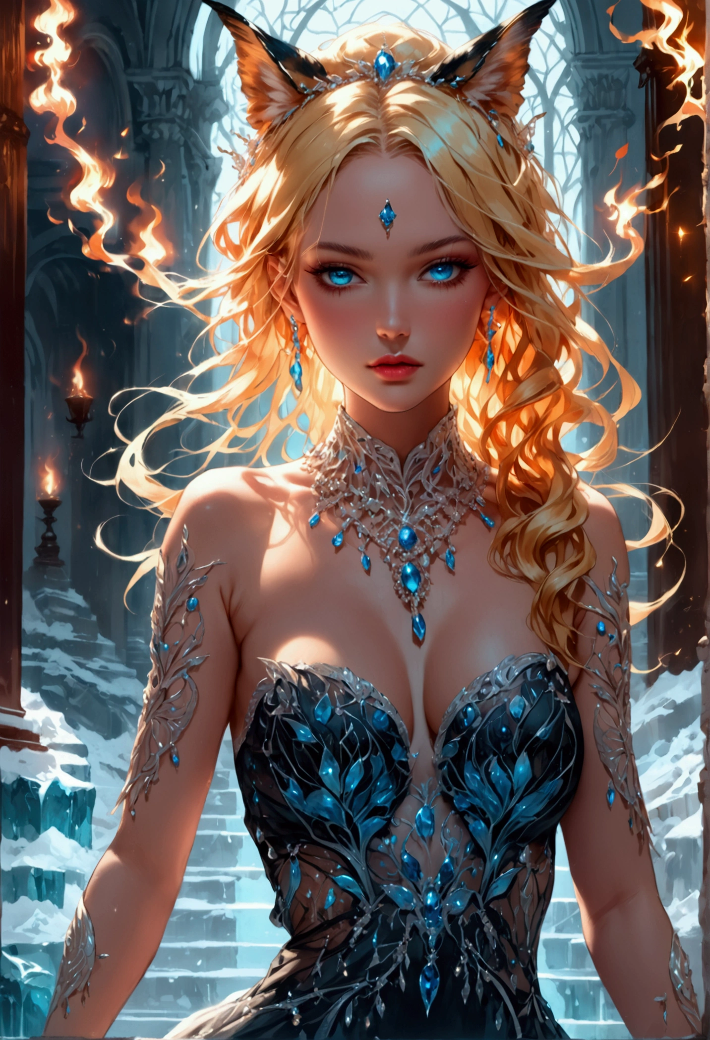 a glamour picture shot, of an elite model covered in fire walking on a icy catwalk, an extraordinary glamourous elite female model, ((full body: 1.5)),  ((anatomically correct: 1.5), (ultra detailed face: 1.2), best detailed face, blond hair, long hair, lush hair, glam hair cut, blue eyes, delicate face, light make up, wearing intricate detailed dress, glamour dress, haute couture dress, elite fashion dress, FireMagicAI,  small cleavage, busty wearing high heels, elegant high heels, she wears diamond necklace, she is covered in fire, she walks on an icy catwalk, image reflecting in the ice IceMagicAI, elite fashion show background, vibrant, Hyperrealism style, vibrant, Ultra-high resolution, High Contrast, (masterpiece:1.5), highest quality, Best aesthetics), best details, best quality, highres, ultra wide angle, 16k, [ultra detailed], masterpiece, best quality, (extremely detailed) RAW, FireMagicAI, IceMagicAI, Dark Art Painting Style, magical