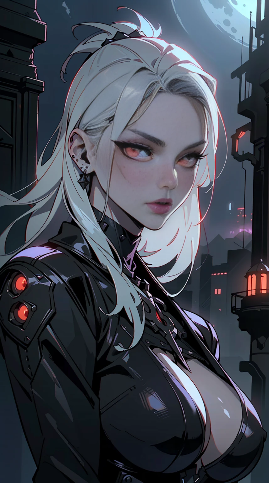 (best quality,4k,8k,highres,masterpiece:1.2),ultra-detailed,(realistic,photorealistic,photo-realistic:1.37),red eyes demon gothic woman,large breasts,cyberpunk background,sharp focus,physically-based rendering,extreme detail description,professional,vivid colors,bluish-purple color palette,neon lighting,dystopian setting,cityscape,gritty atmosphere,steampunk elements,leather clothing,futuristic technology,silver accessories,dark makeup,confident pose,moonlit sky,edgy,haunting,erotic,provocative,sexy attire,heavy metal music,gothic architecture,smoke and fog effects,ominous presence,subtle glow