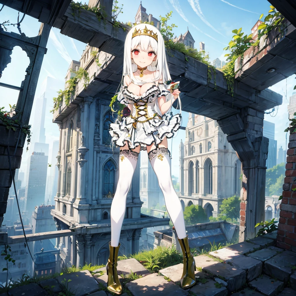 solo, standing skinny girl, long white hair, (white frilled white dress), (very short dress), white frilled tops, sheer dress, bared shoulders, too tight corset, white thighhighs, white thigh strap, BREAK, red eyes, BREAK, golden tiaras, BREAK, (show off large breasts), cleavage, collarbone, BREAK, skinny long legs, show off thigh gap, BREAK, smile for viewer, (nsfw:0.5)