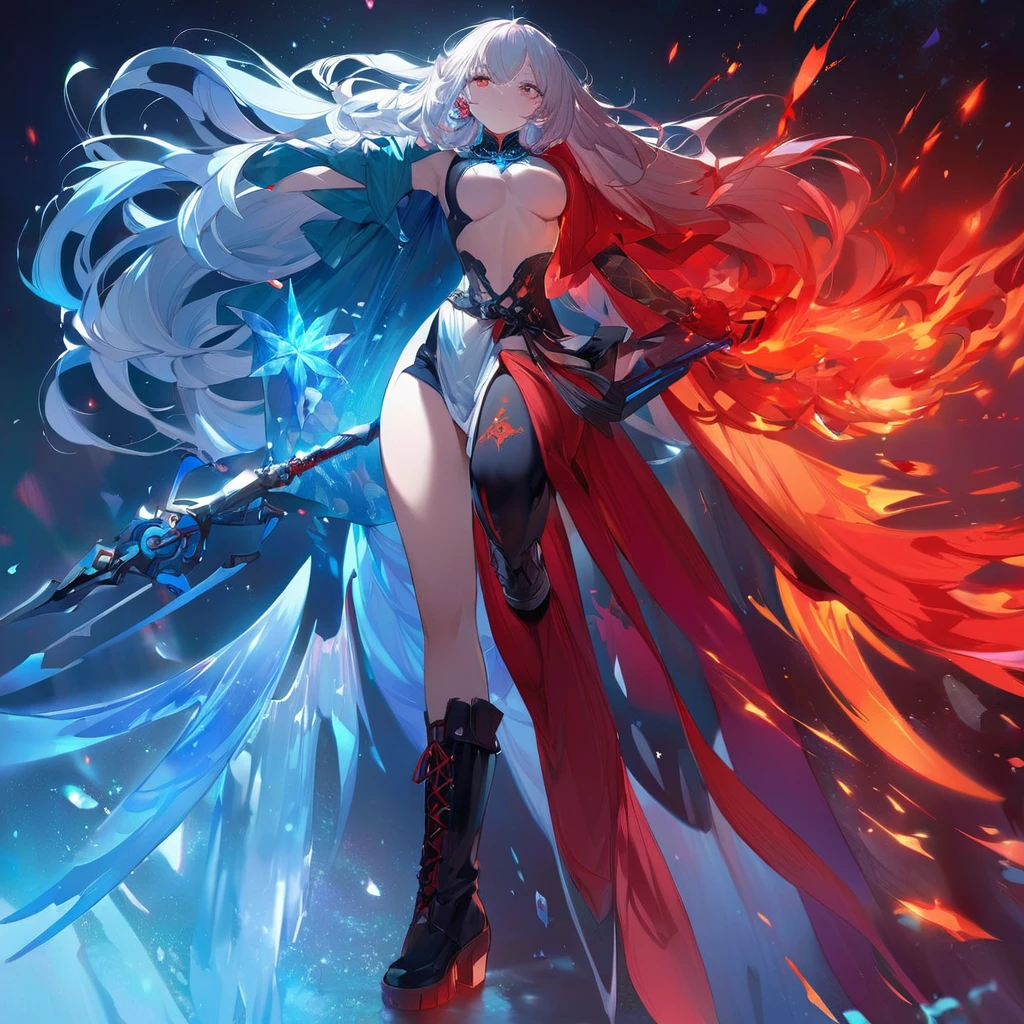 a lady with Long, flowing hair with icy blue and fiery red streaks, one ember red eye and one icy blue eye, gradient cape from icy blue to fiery red, form-fitting bodice with crystalline ice and flame motifs, asymmetrical sleeves with one frosty and one fiery, icy blue glove with frost patterns and fiery red glove with flame designs, hybrid design pants with one leg in dark fire-resistant material and the other in crystalline fabric, knee-high boots with one icy and one volcanic, dual-themed belt, snowflake and flame earrings, color-shifting pendant, aura of cold mist and flickering flames, staff or dual blades with icy crystals and molten lava, (nude:0.9) detailed gorgeous face| anime style| key visual| intricate detail| highly detailed| breathtaking| vibrant| panoramic| cinematic| Carne Griffiths| Conrad Roset| gibbli 8k