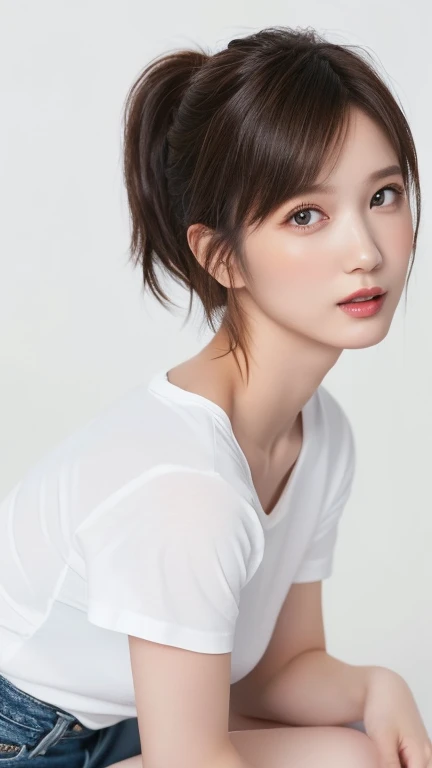 (Highest quality、8k、32K、masterpiece)、(Realistic)、(Realistic:1.2)、(High resolution)、Very detailed、Very beautiful face and eyes、1 girl、Round and small face、Tight waist、Delicate body、(close、Highest quality、Attention to detail、Rich skin detail)、(Highest quality、8k、Oil paints:1.2)、Very detailed、(Realistic、Realistic:1.37)、Bright colors、(((blush)))、(((I am brunette)))、(((From the thigh up)))、((short hair、ponytail))、(((Pure white wall background)))、(((She is wearing a white T-shirt)))、jeans、(((Pure white wall background)))、(((It is a short-sleeved T-shirt)))、Bend your knees、Spread your legs