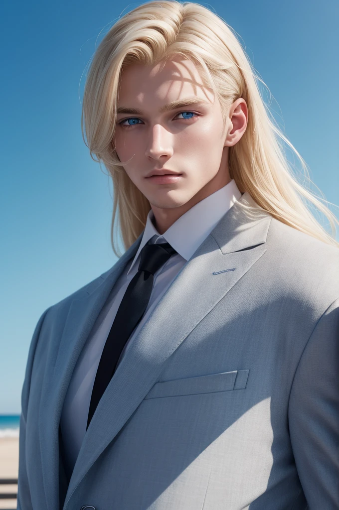 Handsome man with blonde hair and crystal blue eyes, 19 years old