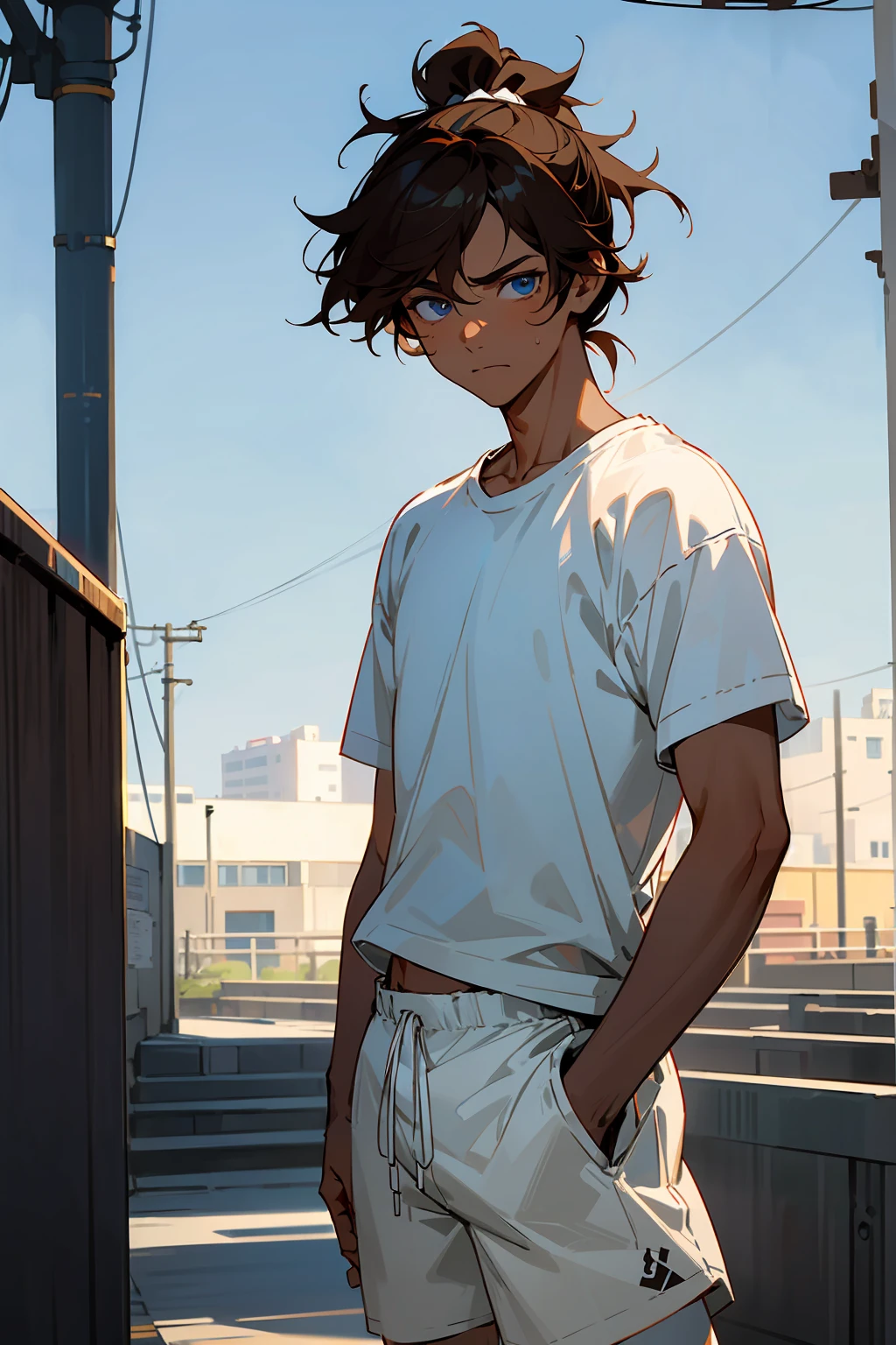 1male, ager, brown hair, ponytail, man bun, faded sides, messy hair, deep blue eyes, calm expression, white t-shirt, white shorts, white jordans, dark skin, standing on path, hands to side, city background, detailed background, detailed face