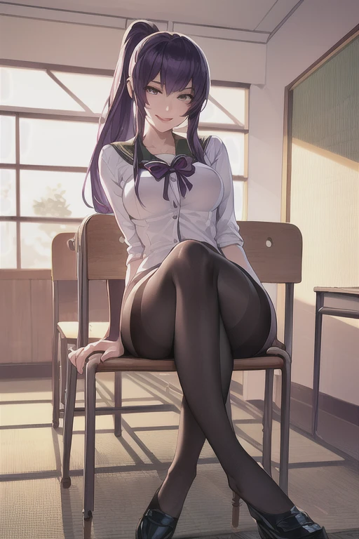 top quality, 32K, masterpiece, (raw photography, authentic, extremely detailed, professional photo, professional lighting, depth of field, sharp focus, POV, (from front view, correct anatomy:1.5), bujusima saeko, solo, purple hair, ponytail, highly detailed skin, shiny skin, dark and bright eyes, fairly detailed nose and lips, (light smile:1.3), ((sitting on a chair, crossed leg:1.5)), ((Japanese school uniform:1.4)), (slender, medium breast:1.4), ((black tights, black shoes:1.3)), (beautiful body, perfect body:1.5), (((indoor, classroom, school:1.1)))