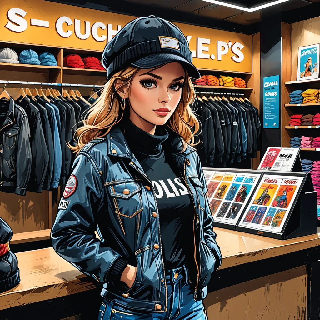 (inside),
sign for a clothing store in a shopping center, woman boutique winter clothes,
in a black T-shirt, down jackets, winter boots, turtlenecks, jeans, winter hats,
sales assistant at the cash counter,graphic style of novel comics, 2d, 8k, hyperrealism, masterpiece, high resolution, best quality, ultra-detailed, super realistic, Hyperrealistic art, high-quality, ultra high res, highest detailed, lot of details, Extremely high-resolution details, incredibly lifelike, colourful, soft cinematic light,