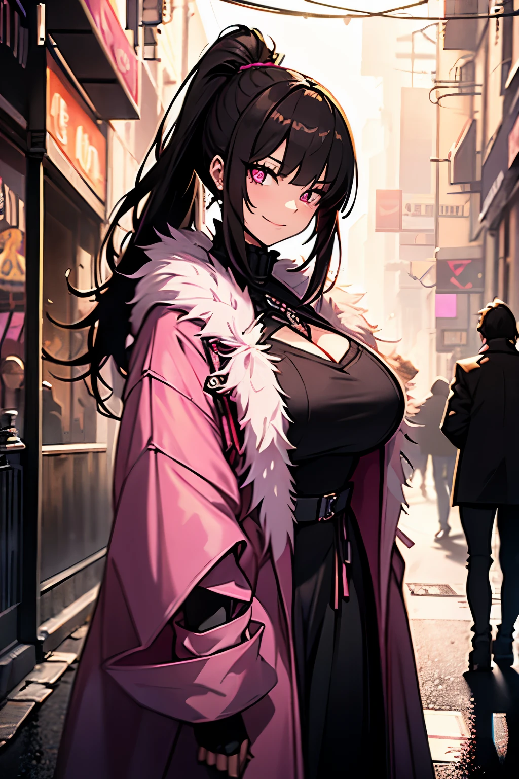 a beautiful gothic woman(plus size) with long black hair (haircut with bangs and ponytail), Latin eyes, smiling sweetly, wearing a stylish cyberpunk neon pink dress and a long fur jacket, Empty background of candlelit medieval street