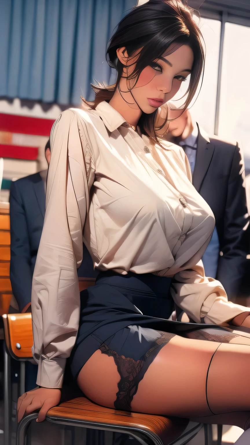 1girl absurdres arm_support black_hair black_skirt blush breasts bursting_breasts chair classroom cleavage closed_mouth collared_shirt curtains desk grey_eyes hair_between_eyes highres large_breasts looking_at_viewer mole mole_on_breast neropaso original panties pleated_skirt school_chair school_desk school_uniform shirt short_sleeves sitting skirt socks solo spread_legs underwear white_panties white_shirt white_socks window wooden_floor