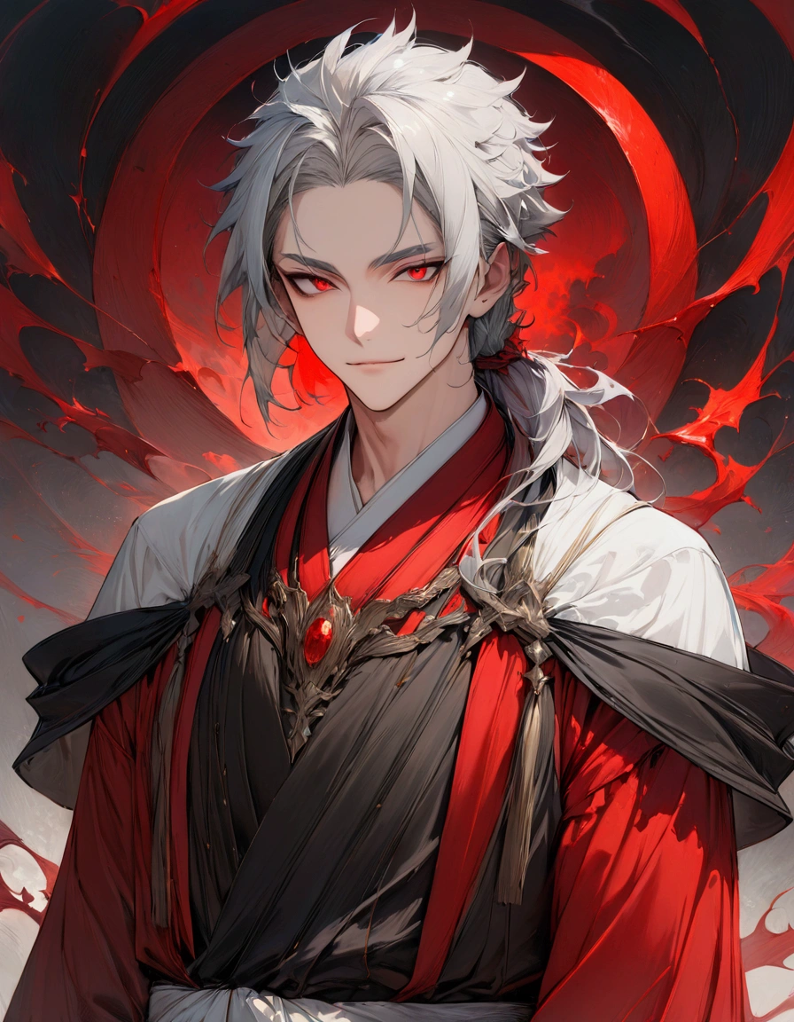 (masterpiece:1.3),(最high quality:1.4),(Very detailedな:1.5),High resolution,Very detailed,8k,artwork,High level of detail,rendering,high quality,Wide range of colors,wallpaper,Dark fantasy.((1 young man))Short silver hair,Thin silver eyebrows,Red eyes,Dark circles around the eyes,Handsome,His face is a fearless smile,An evil look,(服装はギリシャgod話風のファッション)Ancient Fashion,Around the body,god々Wearing a good aura。