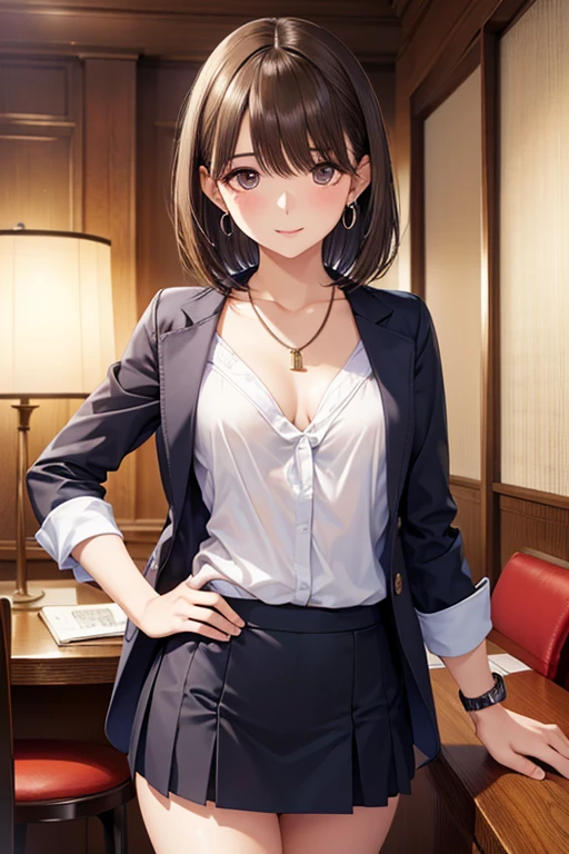 Nene Kasaki々、Shiny brown hair, short hair, Beautiful brown eyes、smile、Sparkling eyes, (fine grain)、Very fine eye、Highly detailed face, Highly detailed eyes,


(masterpiece:1.3, 最high quality, 超High resolution, Super detailed), 

seat,25-year-old office lady ,(compensate:1.5),necklace, ring, earring, watch, jewelry,suit,2. Women,Realistic,(超high quality:1.2),high quality,masterpiece,(Super detailed:1.4),Japanese Girls,Beautiful Face,(Really good:1.5),(skirt:1.2),((Hotel)),(Small breasts:1.4),thin,High resolution,Jacket,Hips