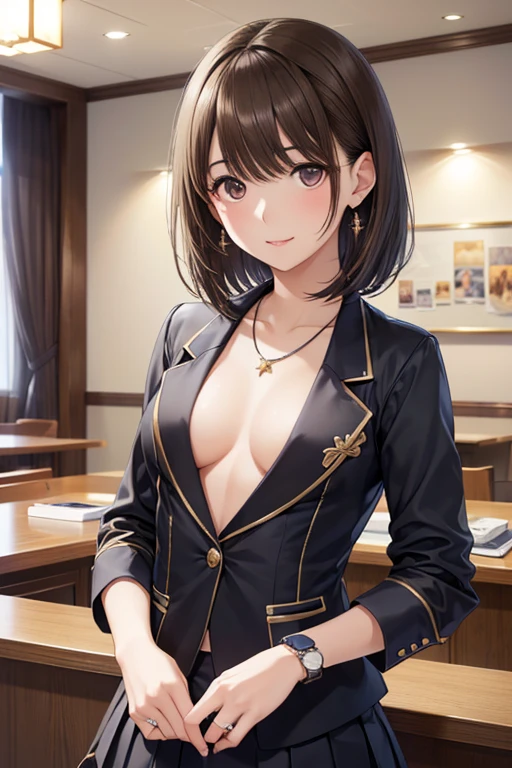 Nene Kasaki々、Shiny brown hair, short hair, Beautiful brown eyes、smile、Sparkling eyes, (fine grain)、Very fine eye、Highly detailed face, Highly detailed eyes,


(masterpiece:1.3, 最high quality, 超High resolution, Super detailed), 

seat,25-year-old office lady ,(compensate:1.5),necklace, ring, earring, watch, jewelry,suit,2. Women,Realistic,(超high quality:1.2),high quality,masterpiece,(Super detailed:1.4),Japanese Girls,Beautiful Face,(Really good:1.5),(skirt:1.2),((Hotel)),(Small breasts:1.4),thin,High resolution,Jacket,Hips