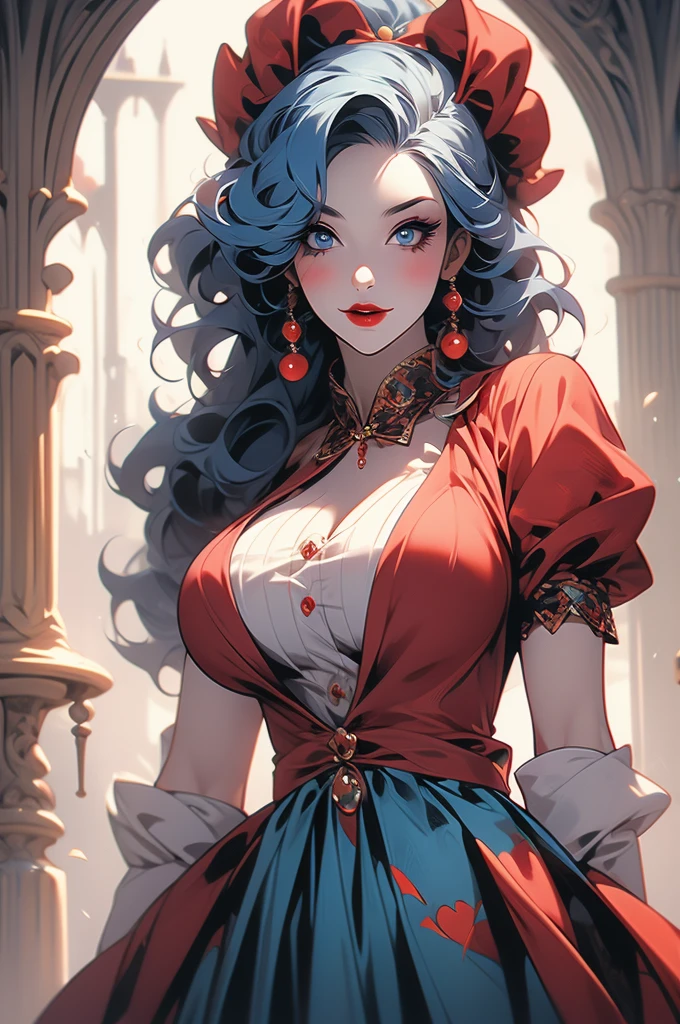 1girl, medieval jester, clown, clumsy, sinister, large breasts