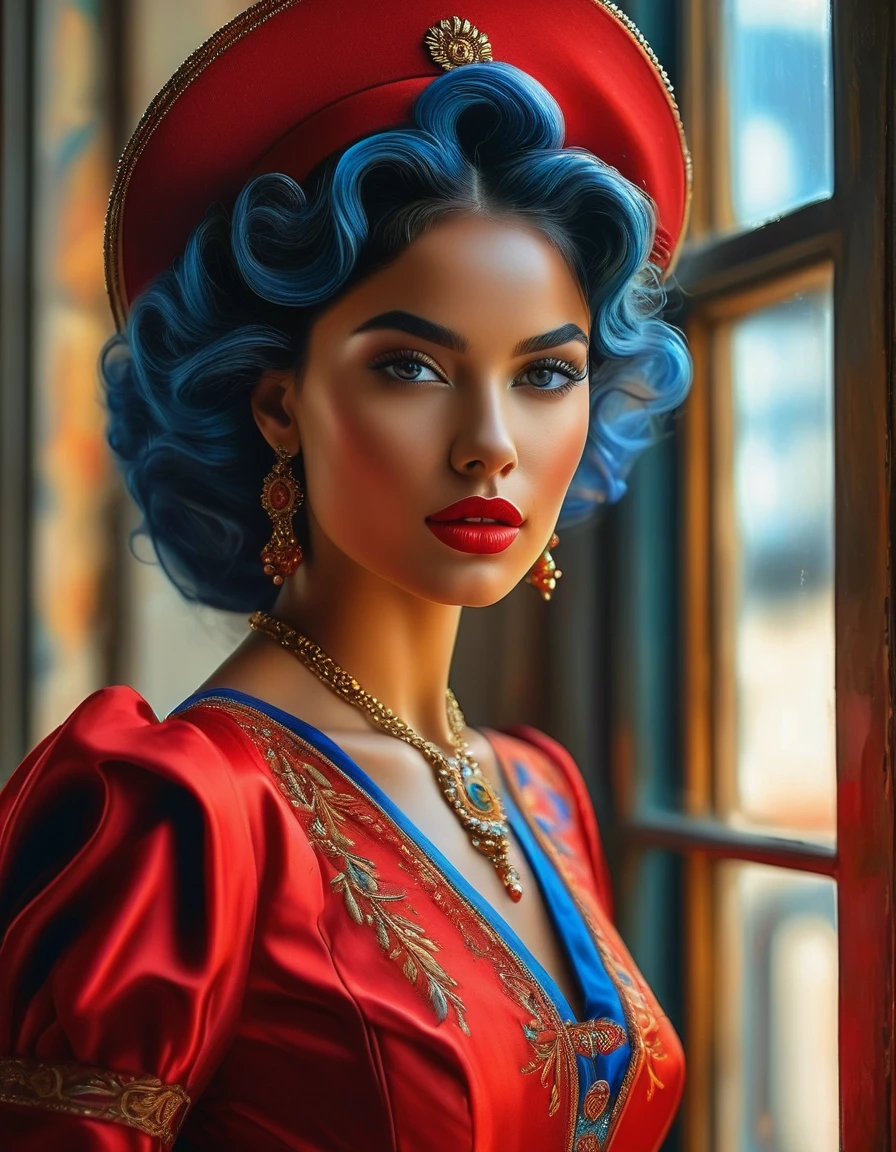 (best qualityer, 4K, 8k, high resolution, work of art: 1.2), (super verbose, realisitic, Fotorrealisitic:1.37)A captivating young woman, wearing a striking red and blue ensemble, stands in front of a window with an air of toughness and determination. Her enchanting eyes are exquisitely detailed, capturing every shine and depth, while her lips boast a meticulous beauty that is both captivating and seductive. The level of detail extends to the entire face, every contour and feature meticulously rendered to perfection, creating a sense of hyperrealism that draws the viewer in.
The costume of , reminiscent of oil painting art, é uma work of art em si. The factory, expertly crafted to resemble vibrant brushstrokes, adds a touch of dynamism to your overall look. It is a true reflection of the artist's talent, showing mastery
