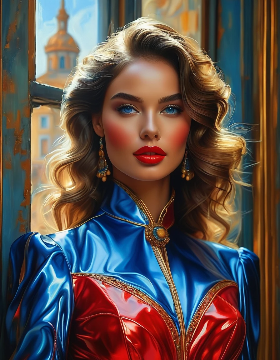 (best qualityer, 4K, 8k, high resolution, work of art: 1.2), (super verbose, realisitic, Fotorrealisitic:1.37)A captivating young woman, wearing a striking red and blue ensemble, stands in front of a window with an air of toughness and determination. Her enchanting eyes are exquisitely detailed, capturing every shine and depth, while her lips boast a meticulous beauty that is both captivating and seductive. The level of detail extends to the entire face, every contour and feature meticulously rendered to perfection, creating a sense of hyperrealism that draws the viewer in. 

The costume of , reminiscent of oil painting art, é uma work of art em si. The factory, expertly crafted to resemble vibrant brushstrokes, adds a touch of dynamism to your overall look. It is a true reflection of the artist&#39;s talent, showing mastery