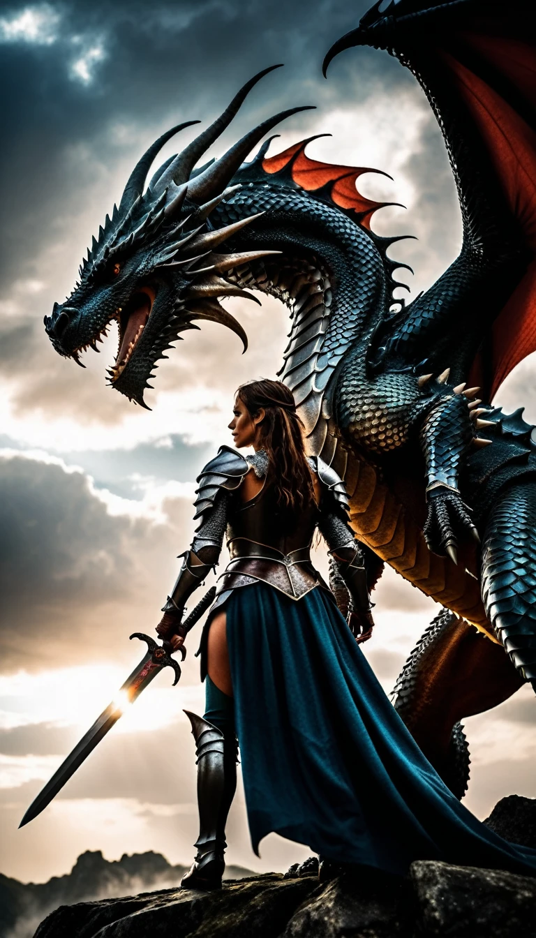 A medieval knight woman standing in front of a huge dragon, low angle shot, back view, dramatic dominating dragon, detailed armor, intricate sword hilt, flowing cape, heroic pose, cinematic lighting, fantasy landscape, moody cloudy sky, epic fantasy scene