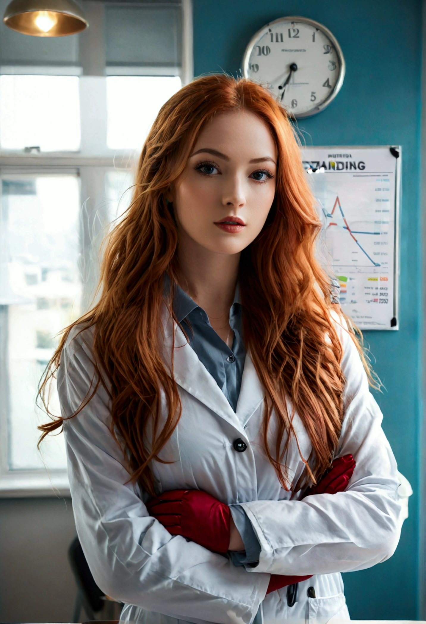 (full body shot:1.7) photorealistic image of a (standing pose:1.7) ultrarealistic, photography, long red hair, woman, 24 years old, hourglass figure, perfect body, Flirty look, natural medium breasts, blur background, wearing a doctors outfit, standing in a doctors office with a chart in her hands, she wears black high heels, long seductive legs, show legs, show her legs, long legs, show her feet, full body picture, full body shot, wide angle, wide angle shot, wide angle picture