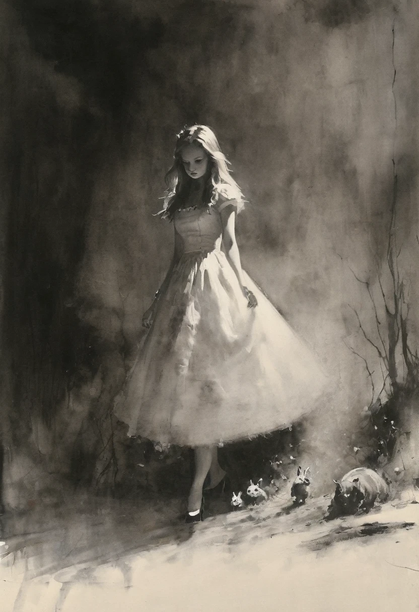 Alice in Wonderland in the style of Ashley Wood. Stephen Gammell. Frank Frazetta. masterpiece. Best quality. A beautiful cinematic impressionistic painting. Dark times, gothic. Chiaroscuro.
