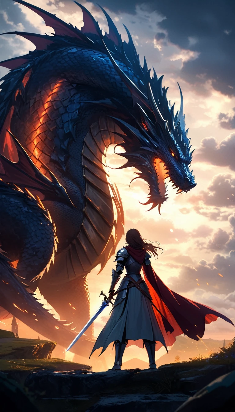 A medieval knight woman standing in front of a huge dragon, low angle shot, back view, dramatic dominating dragon, detailed armor, intricate sword hilt, flowing cape, heroic pose, cinematic lighting, fantasy landscape, moody cloudy sky, epic fantasy scene