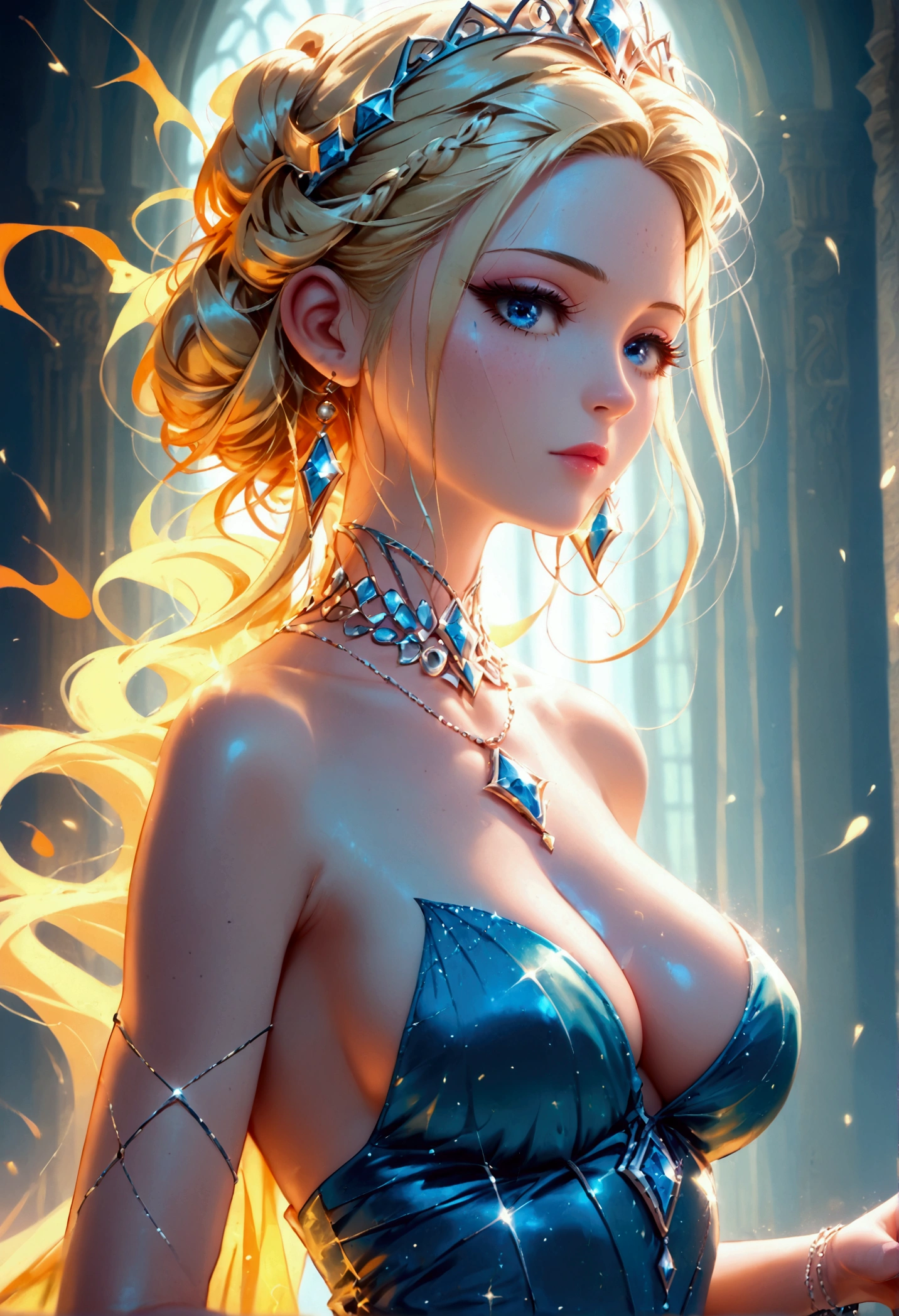 a glamour picture shot, of an elite model covered in fire walking on a icy catwalk, an extraordinary glamourous elite female model, ((full body: 1.5)),  ((anatomically correct: 1.5), (ultra detailed face: 1.2), best detailed face, blond hair, long hair, lush hair, glam hair cut, blue eyes, delicate face, light make up, wearing intricate detailed dress, glamour dress, haute couture dress, elite fashion dress, FireMagicAI,  small cleavage, busty wearing high heels, elegant high heels, she wears diamond necklace, she is covered in fire, she walks on an icy catwalk, image reflecting in the ice IceMagicAI, elite fashion show background, vibrant, Hyperrealism style, vibrant, Ultra-high resolution, High Contrast, (masterpiece:1.5), highest quality, Best aesthetics), best details, best quality, highres, ultra wide angle, 16k, [ultra detailed], masterpiece, best quality, (extremely detailed) RAW, FireMagicAI, IceMagicAI, Dark Art Painting Style