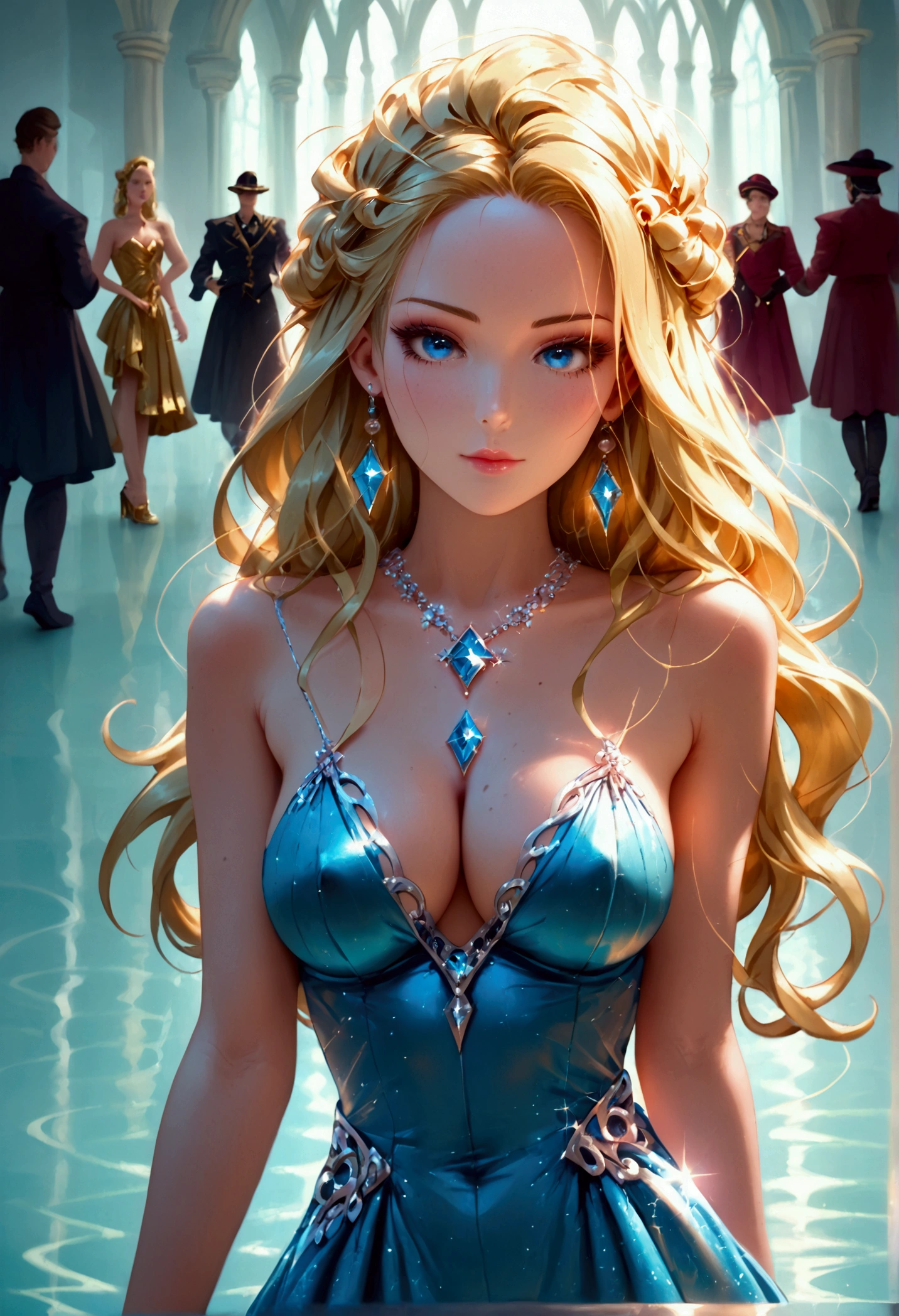 a glamour picture shot, of an elite model covered in fire walking on a icy catwalk, an extraordinary glamourous elite female model, ((full body: 1.5)),  ((anatomically correct: 1.5), (ultra detailed face: 1.2), best detailed face, blond hair, long hair, lush hair, glam hair cut, blue eyes, delicate face, light make up, wearing intricate detailed dress, glamour dress, haute couture dress, elite fashion dress, FireMagicAI,  small cleavage, busty wearing high heels, elegant high heels, she wears diamond necklace, she is covered in fire, she walks on an icy catwalk, image reflecting in the ice IceMagicAI, elite fashion show background, vibrant, Hyperrealism style, vibrant, Ultra-high resolution, High Contrast, (masterpiece:1.5), highest quality, Best aesthetics), best details, best quality, highres, ultra wide angle, 16k, [ultra detailed], masterpiece, best quality, (extremely detailed) RAW, FireMagicAI, IceMagicAI, Dark Art Painting Style