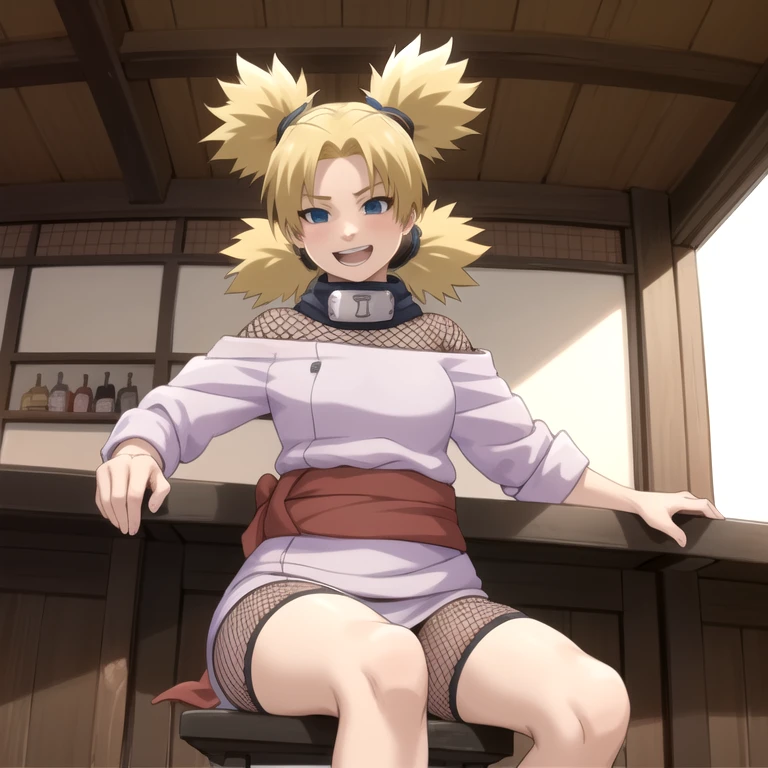 1girl,  ytemari, blonde hair, quad tails, blue eyes, fishnets, purple garment, sash, lineart, laughing, front view, in a japanese bar, vibrant color, masterpiece, best quality, high definition, sitting, spreading legs, 