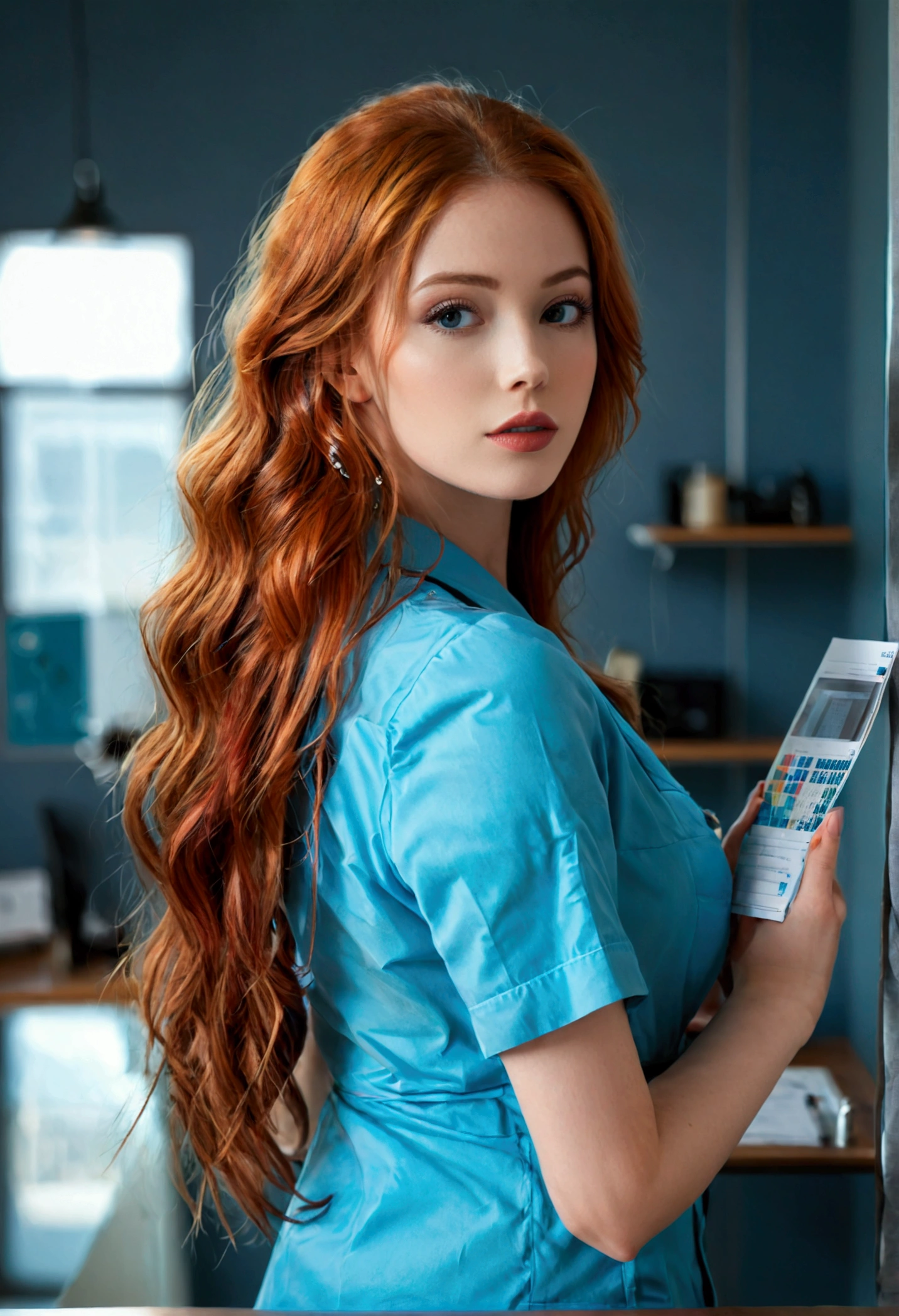 (full body shot:1.7) photorealistic image of a (standing pose:1.7) ultrarealistic, photography, long red hair, woman, 24 years old, hourglass figure, perfect body, Flirty look, natural medium breasts, blur background, wearing a doctors outfit, standing in a doctors office with a chart in her hands, she wears black high heels, long seductive legs, show legs, show her legs, long legs, show her feet, full body picture, full body shot, wide angle, wide angle shot, wide angle picture