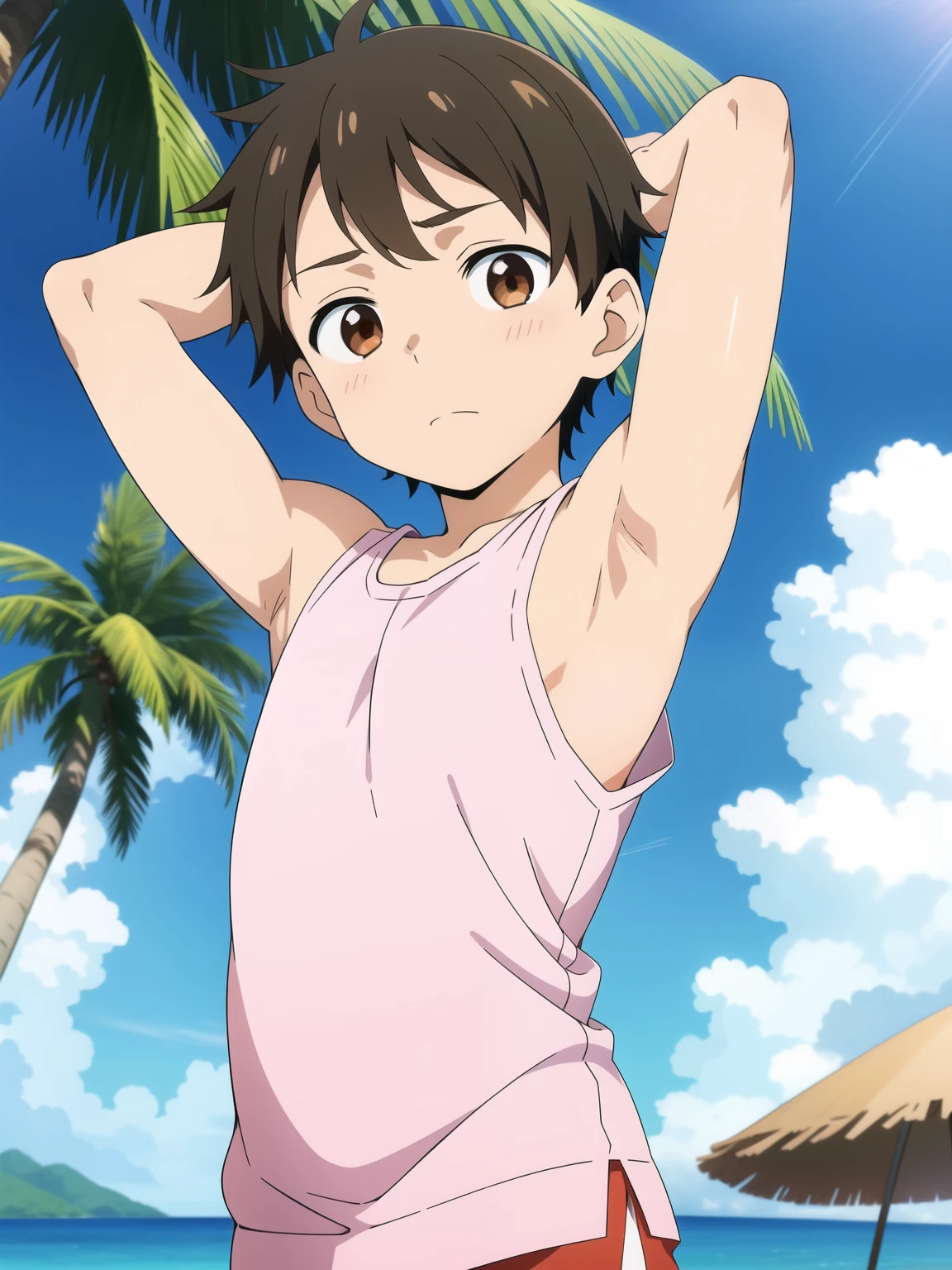 Anime style,Summer sky、Into the cloud、1boy,**********, hansome boy, cute face, adorable boy, beach, coconut tree, Cheerful boy。Tank Tops、body only, Show his armpit, focus on the armpit, Shine closer to the armpit, Such a cute smooth armpit, The armpits of a 12 year old boy, Adorable little armpits, Give me a proportional picture of a 12 year old boy's armpits, Give me a picture of the armpit of a young boy, the armpit looks clean and smells good, the armpit is very beautiful, the boy is teasing using his armpit, boy focus, 