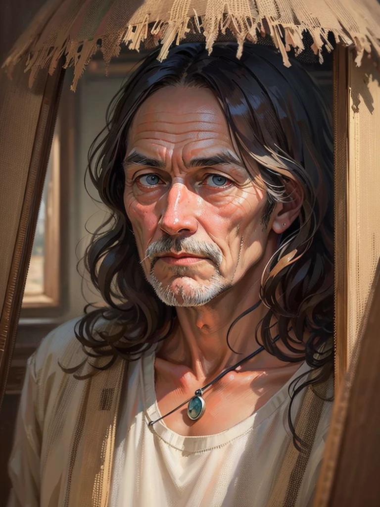 an oil painting,da vinci art style。old man in haystack, messy hair,Guviz style artwork,,Artistic creativity:1.37,Sweet,Wonderful and magical,Exquisite,Natural soft light, eyes,