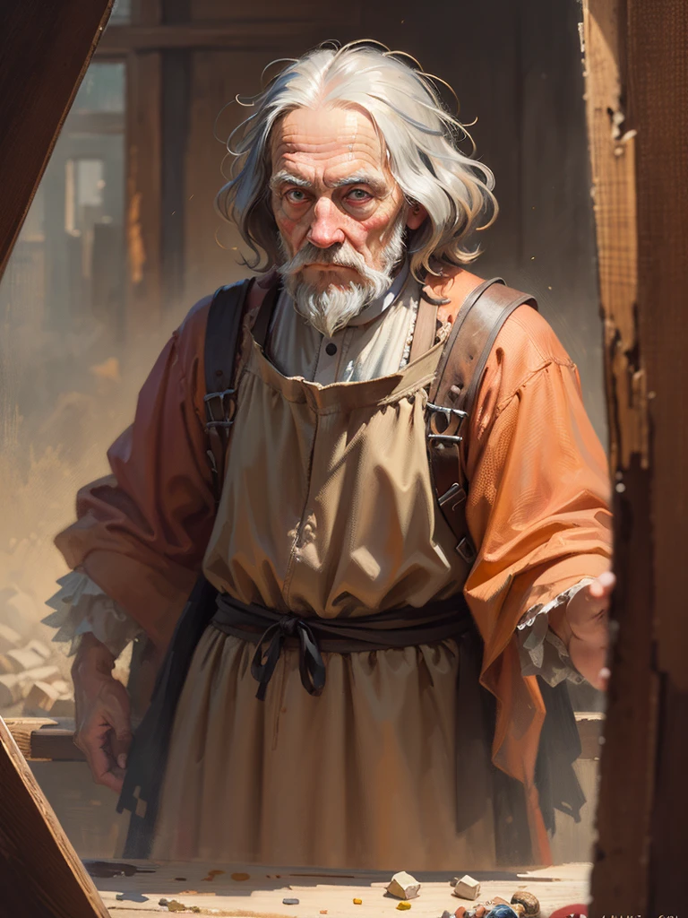 an oil painting,da vinci art style。old man in haystack, messy hair,Guviz style artwork,,Artistic creativity:1.37,Sweet,Wonderful and magical,Exquisite,Natural soft light, eyes,