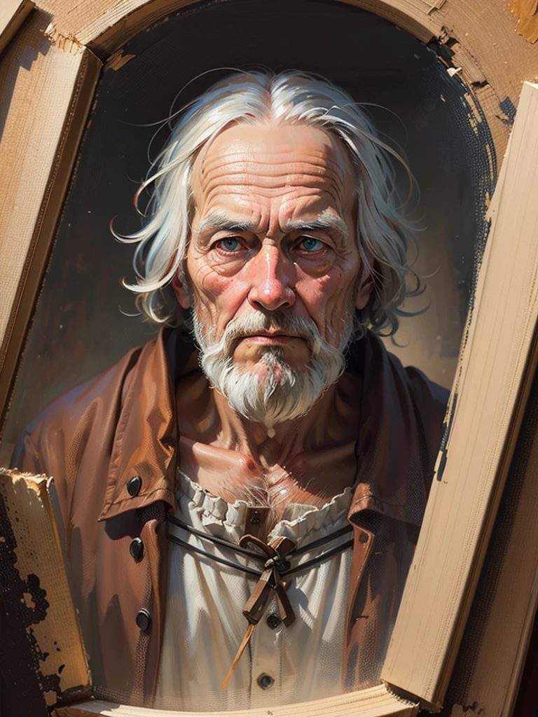 an oil painting,da vinci art style。old man in haystack, messy hair,Guviz style artwork,,Artistic creativity:1.37,Sweet,Wonderful and magical,Exquisite,Natural soft light, eyes,