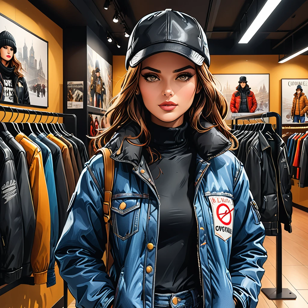 (inside),
sign for a clothing store in a shopping center, woman boutique winter clothes,
in a black T-shirt, down jackets, winter boots, turtlenecks, jeans, winter hats,
graphic style of novel comics, 2d, 8k, hyperrealism, masterpiece, high resolution, best quality, ultra-detailed, super realistic, Hyperrealistic art, high-quality, ultra high res, highest detailed, lot of details, Extremely high-resolution details, incredibly lifelike, colourful, soft cinematic light,