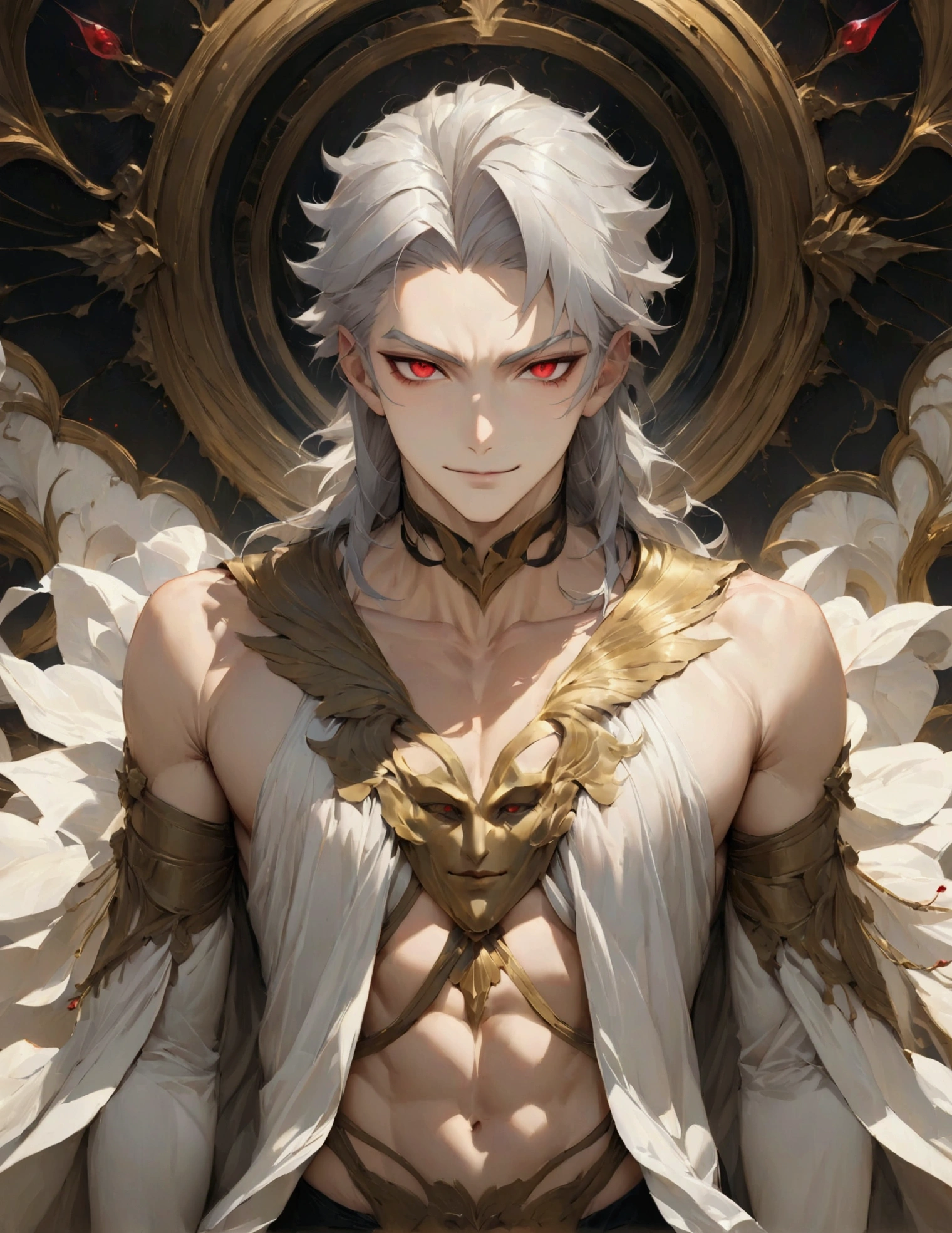 (masterpiece:1.3),(最high quality:1.4),(Very detailedな:1.5),High resolution,Very detailed,8k,artwork,High level of detail,rendering,high quality,Wide range of colors,wallpaper,Dark fantasy.((One anime young man))Short silver hair,Thin silver eyebrows,Red eyes,Dark circles around the eyes,Handsome,His face is a fearless smile,An evil look,(The clothes are Greek mythology-inspired fashion.)Zeus-inspired fashion from Greek mythology,Golden god around the body々Wearing a good aura。