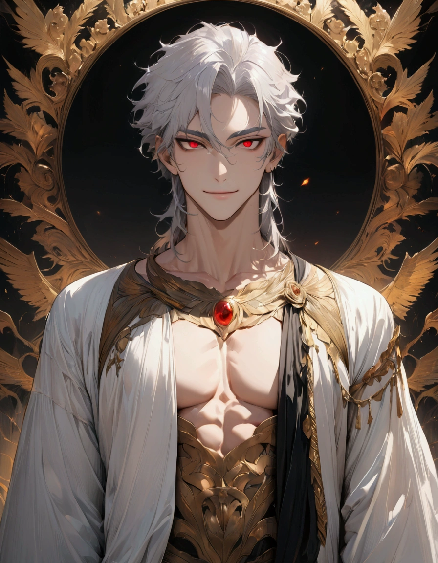 
(masterpiece:1.3),(最high quality:1.4),(Very detailedな:1.5),High resolution,Very detailed,8k,artwork,High level of detail,rendering,high quality,Wide range of colors,wallpaper,Dark fantasy.((One anime young man))Short silver hair,Thin silver eyebrows,Red eyes,Dark circles around the eyes,Handsome,His face is a fearless smile,An evil look,(The clothes are Greek mythology-inspired fashion.)Zeus-inspired fashion from Greek mythology,Golden god around the body々Wearing a good aura。