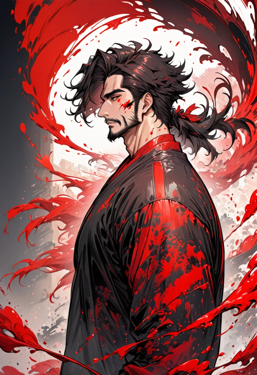 (masterpiece,Best quality,),
Baischl-Shuimo, One, 1 boy, male focus, red theme, Hair in the wind, profile, splashes of paint, ink for drawing, Red and black, facial hair,rich details,line art,