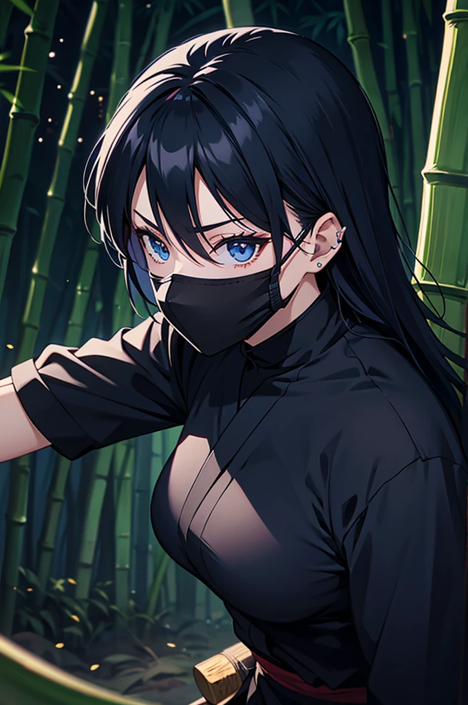 anime, female, ninja, bamboo forest, black hair, face mask piercing blue eyes, katana, night time