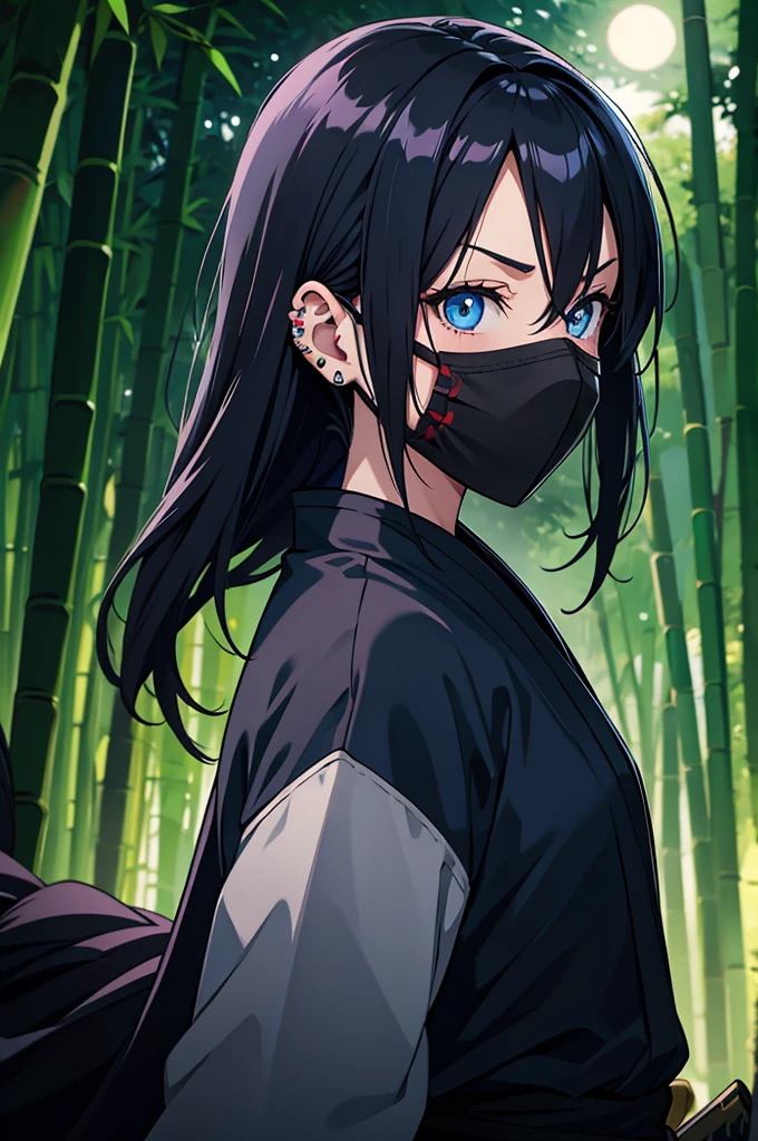 anime, female, ninja, bamboo forest, black hair, face mask piercing blue eyes, katana, night time