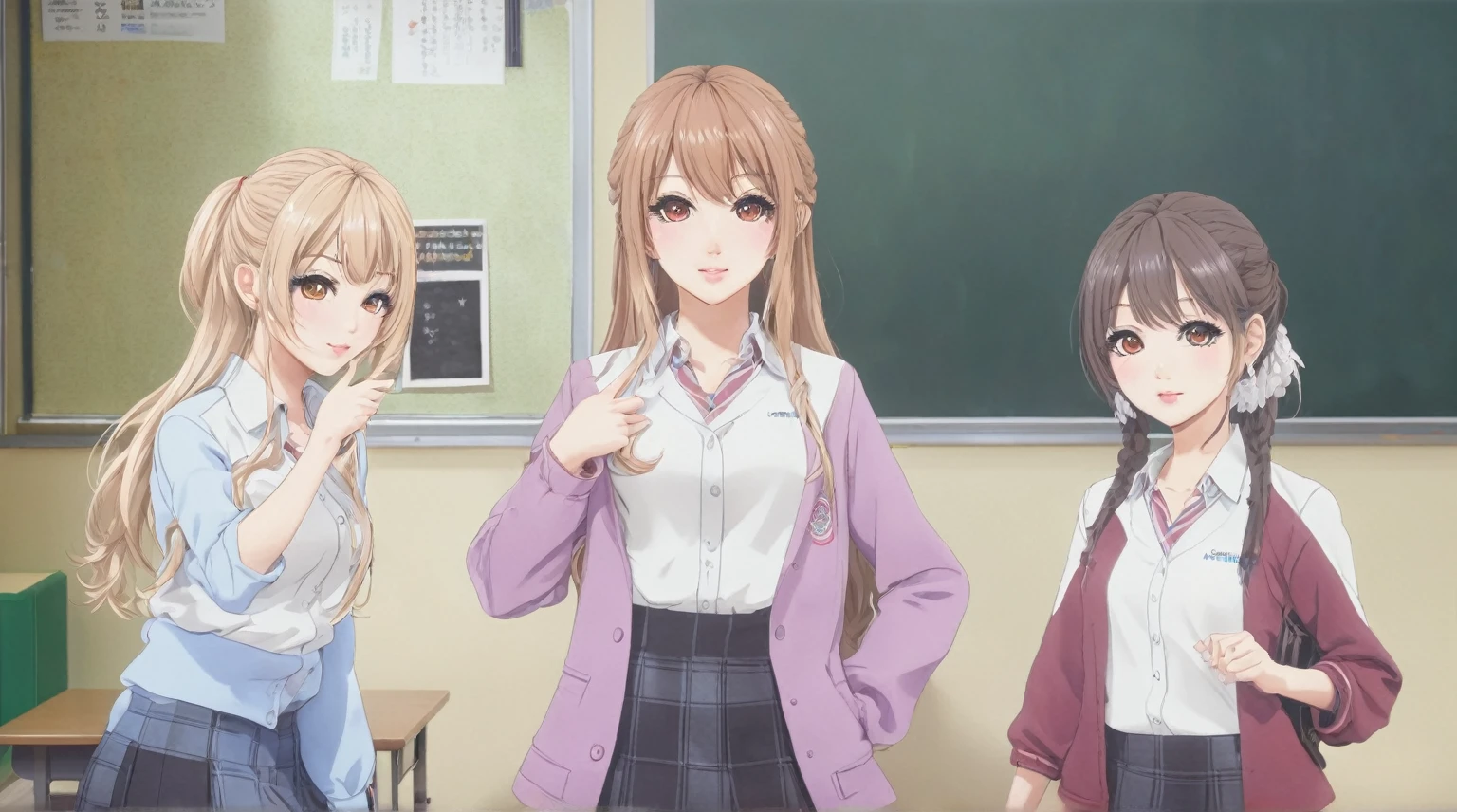 A photorealistic full body portrait of three gyaru girls in student uniform at classroom, beautiful detailed eyes, beautiful detailed lips, extremely detailed eyes and face, long eyelashes, highly detailed , dynamic pose, cinematic lighting, photorealistic, 4k, 8k, highres, masterpiece, ultra-detailed, realistic, vivid colors, professional