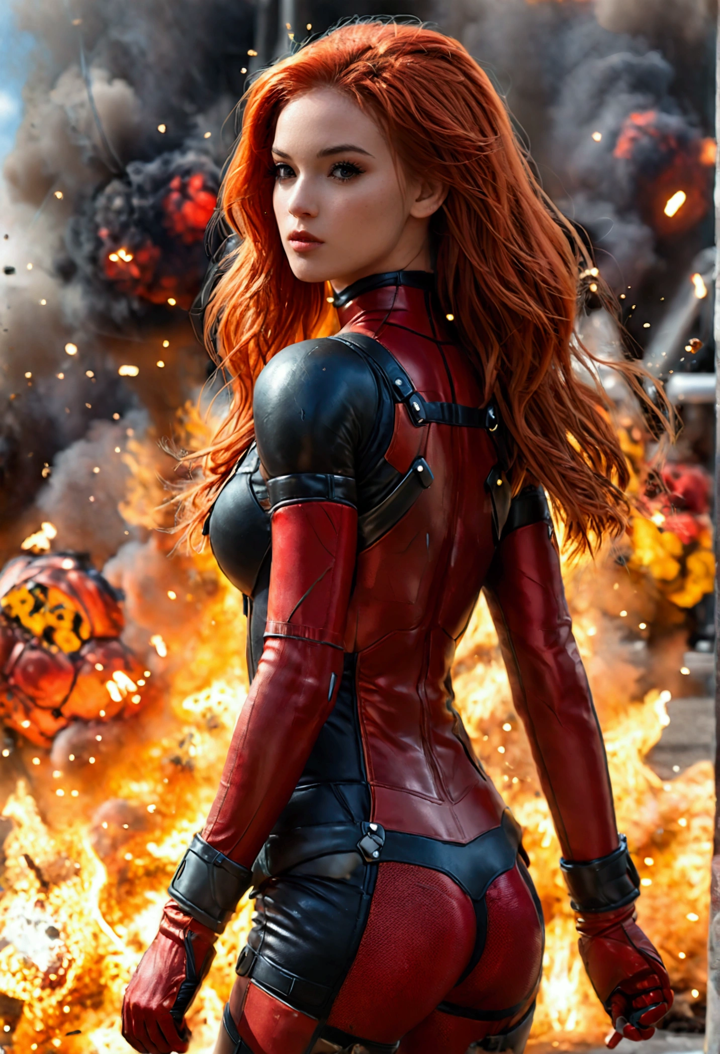 (full body shot:1.7) photorealistic image of a (walking pose:1.7) ultrarealistic, photography, long red hair, woman, 24 years old, hourglass figure, perfect body, Flirty look, natural medium breasts, blur background, wearing a female deadpool costume, walking away from an explosion in the background