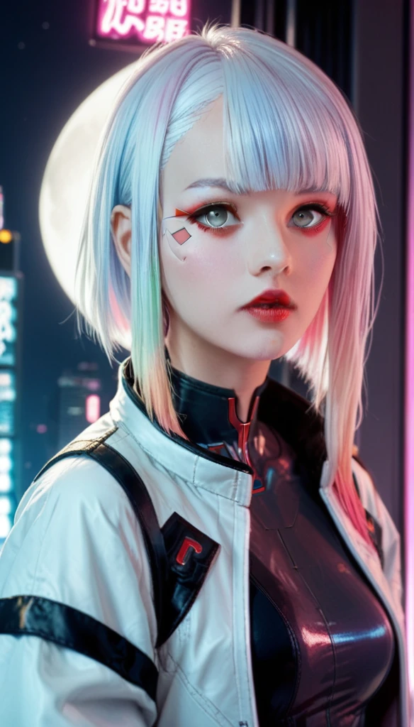 lucy \(cyberpunk\), 1girl, hime cut, silver hair, colored tips, full moon, grey eyes, jacket, long sleeves, looking at viewer, medium hair, multicolored hair, parted bangs, parted lips, pink hair, portrait, red eyeliner, red lips, solo, white jacket, cyberpunk \(series\)