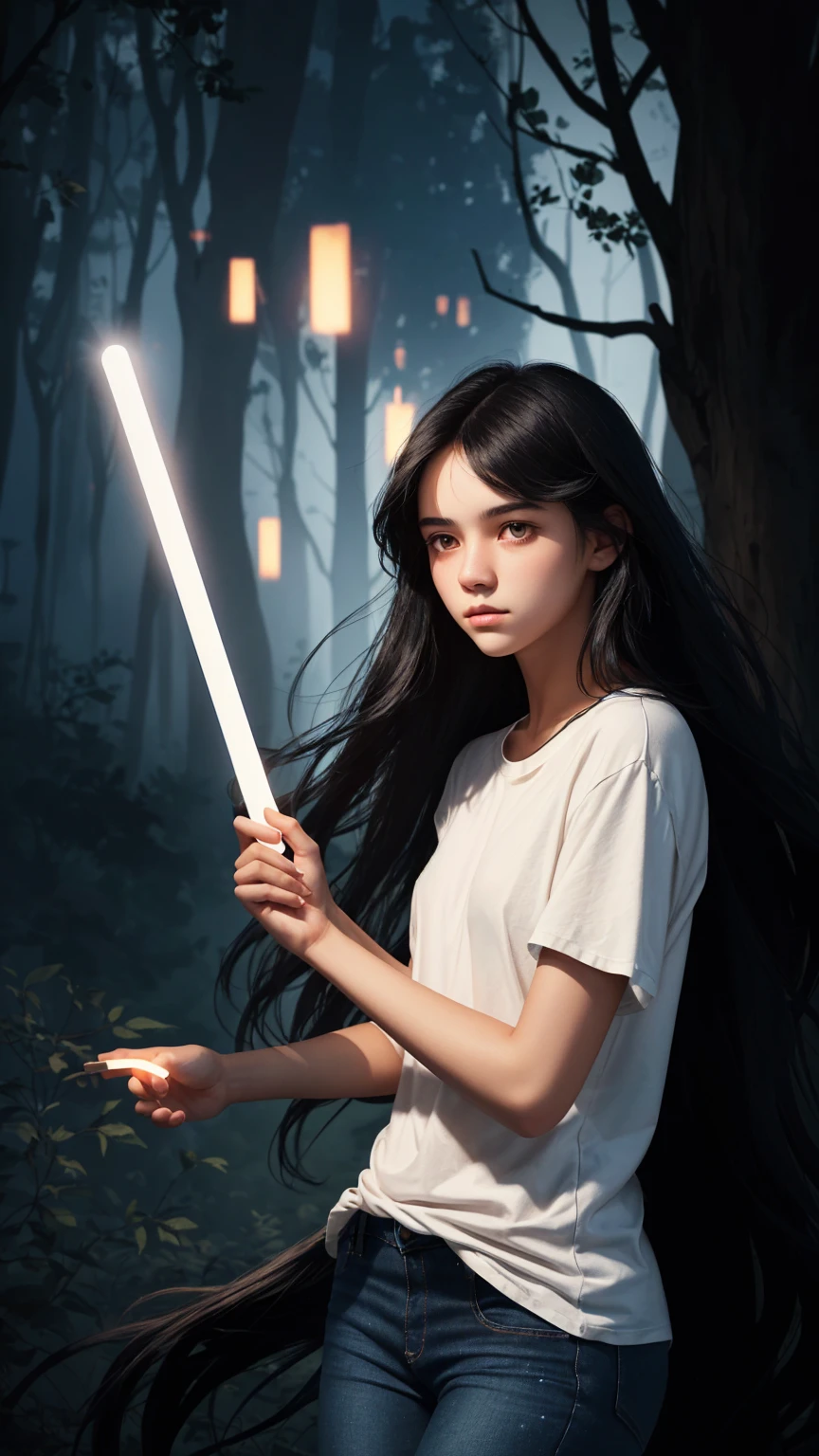 a digital illustration of a long black haired teenage girl holding a glowing stick. The girl is wearing a plain white t-shirt and jeans. the background is dark and spooky