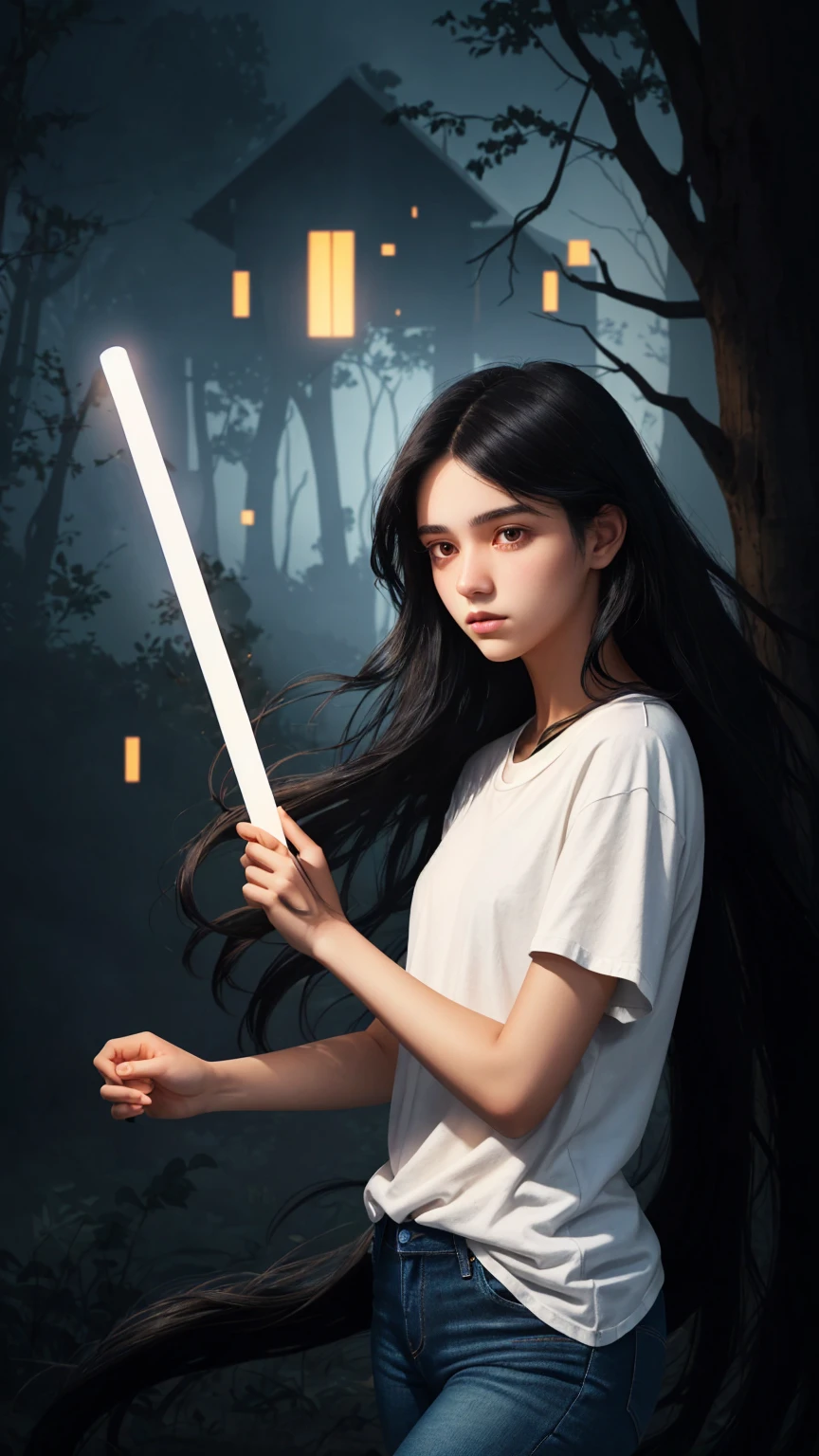 a digital illustration of a long black haired teenage girl holding a glowing stick. The girl is wearing a plain white t-shirt and jeans. the background is dark and spooky