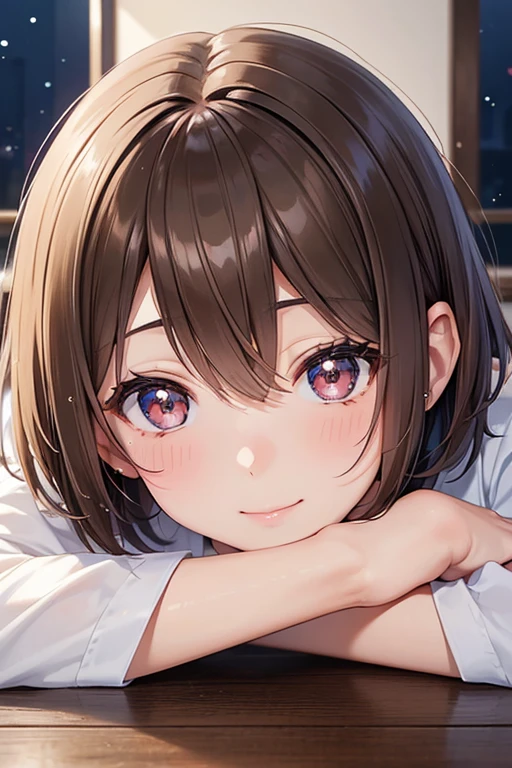 Nene Kasaki々、Shiny brown hair, short hair, Beautiful brown eyes、smile、Sparkling eyes, (fine grain)、Very fine eye、Highly detailed face, Highly detailed eyes,


(masterpiece:1.3, Highest quality, Ultra-high resolution, Super detailed), 

Become a pink-skinned girl, Beautiful Eyes (Beautiful brown eyes) Deep as the night sky, Half a sad face lying on a table, Gray Hair, I&#39;I&#39;m watching you, In anime/Semi-realistic art style  