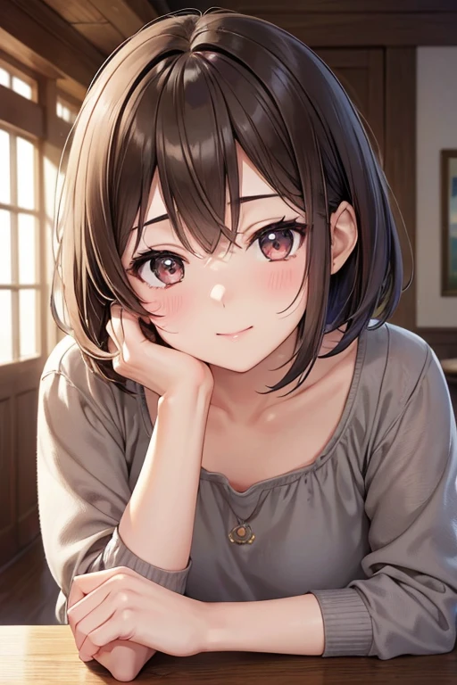 Nene Kasaki々、Shiny brown hair, short hair, Beautiful brown eyes、smile、Sparkling eyes, (fine grain)、Very fine eye、Highly detailed face, Highly detailed eyes,


(masterpiece:1.3, Highest quality, Ultra-high resolution, Super detailed), 

Become a pink-skinned girl, Beautiful Eyes (Beautiful brown eyes) Deep as the night sky, Half a sad face lying on a table, Gray Hair, I&#39;I&#39;m watching you, In anime/Semi-realistic art style  