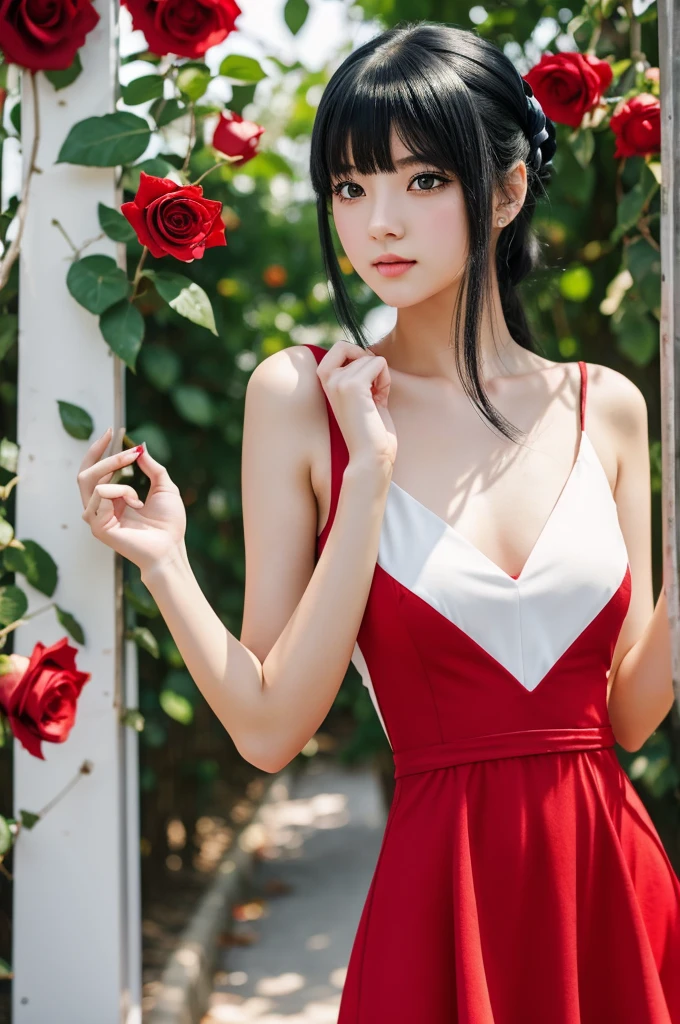A girl with anime style, White skin, high, slim, with black hair and red eyes, that this stop, and that she has a light red dress, May the gondo be a fruity blue color, with red rose decorations
