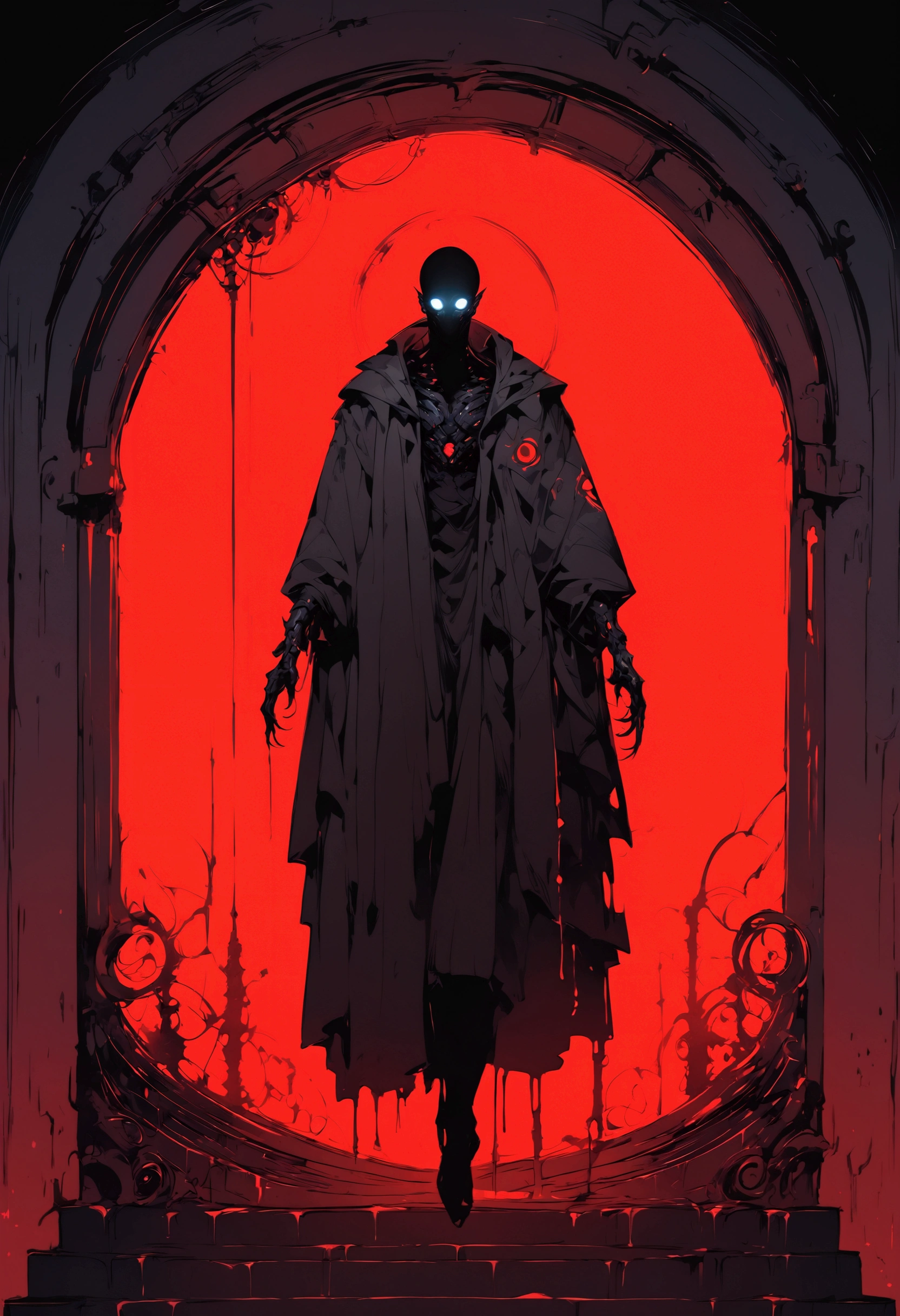 (score_9, score_8_up, score_7_up), zPDXL, 1 shadow, alone, looking at viewer, subway exit background, cyberpunk, abstract dark body, glowing white eyes, black face, black body, full body, his entire black body disembodied, going up the stairs, organic shadow, crows, humanoid figure wrapped in shadows, sinister and threatening figure, glowing eyes stand out in the darkness, almost amorphous dark silhouette, going up stairs, background with pipes and cyberpunk signs, ethereal almost liquid texture, it was made of a dark, viscous substance that drips and spreads, dark aura, black claws, seen from above,