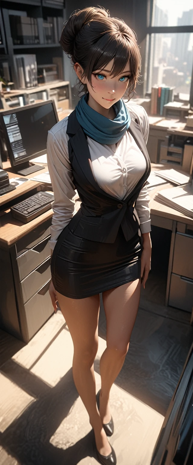 (raw, best quality, masterpiece:1.5), (Photorealistic, intricate details:1.2), ultra high definition, Ridiculous,
1 girl, pretty face, blue eyes, green eyes, Detailed eyes, symmetrical eyes, There is light on the face, nose blushing, short hair, bun, black headband, 
clock, Vest, suit, pencil miniskirt, White shirt, silk scarf, black pantyhose, [:20 days, :0.8],
Smile, Small dimples, Sexual innuendo, 
medium breasts, slim waist, thin legs, long legs,
sitting in chair in front of desk, Perfect body, good proportions,
looking at the audience, 
(office, indoor, hyper Detailed background:1.2), Japan, copier, File cabinets, , monitor,
shiny skin, Realistic skin texture, 
natural lighting, best lighting, Detailed background, Detailed shadows, sharp focus, Depth of field f/2,
Saturated, high contrast, strong light and shadow